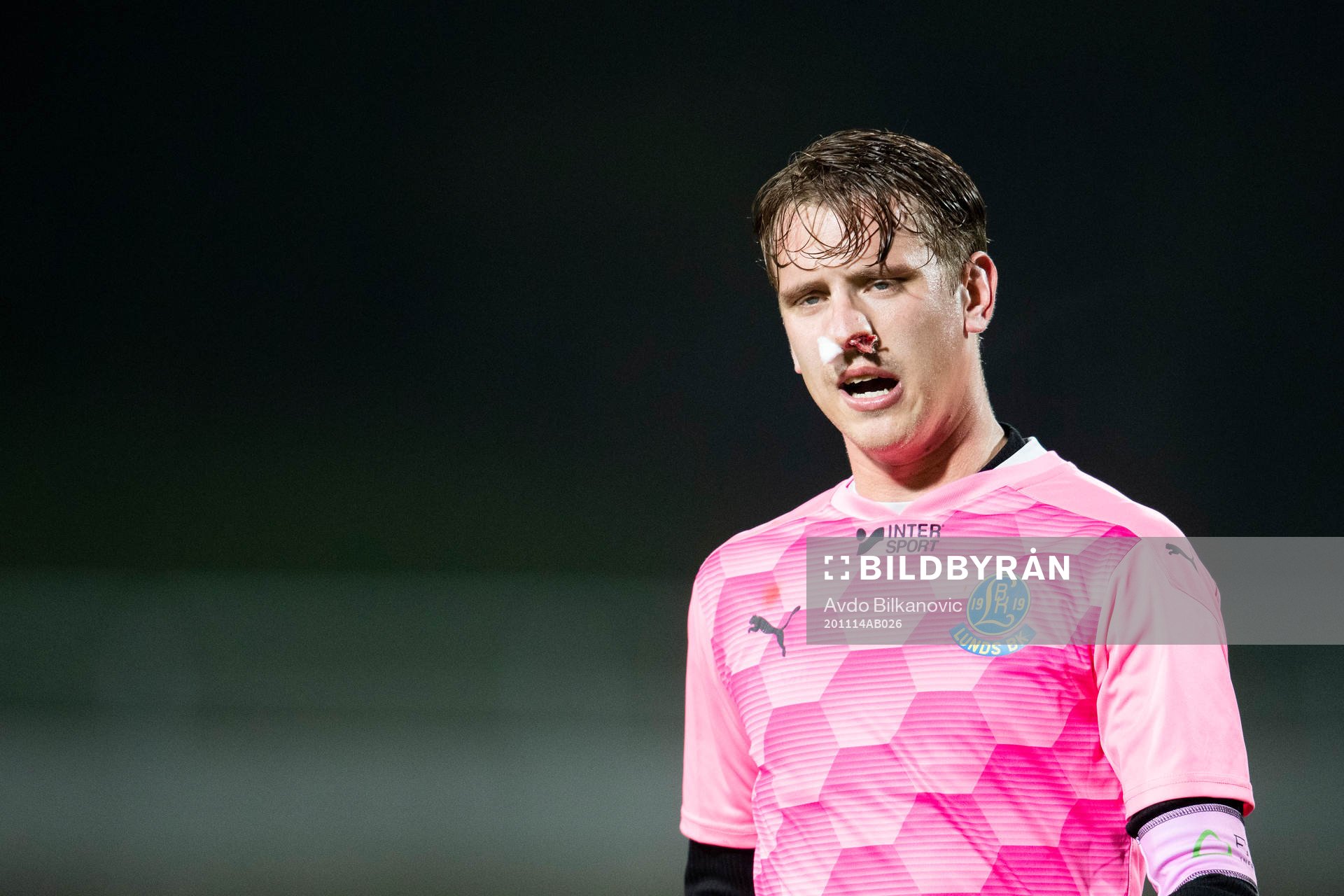 Lunds Gustav Edén under fotbollsmatchen i Division 1 södra mellan Lunds BK och Trollhättan den 14 november 2020 i Lund.