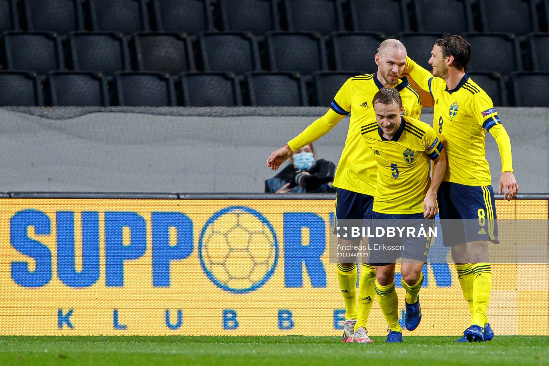 Pierre Bengtsson, Albin Ekdal and Marcus Danielson of Sweden celebrate after the 2-0 goal during the Nations League football match between Sweden and Croatia on November 14, 2020 in Stockholm.