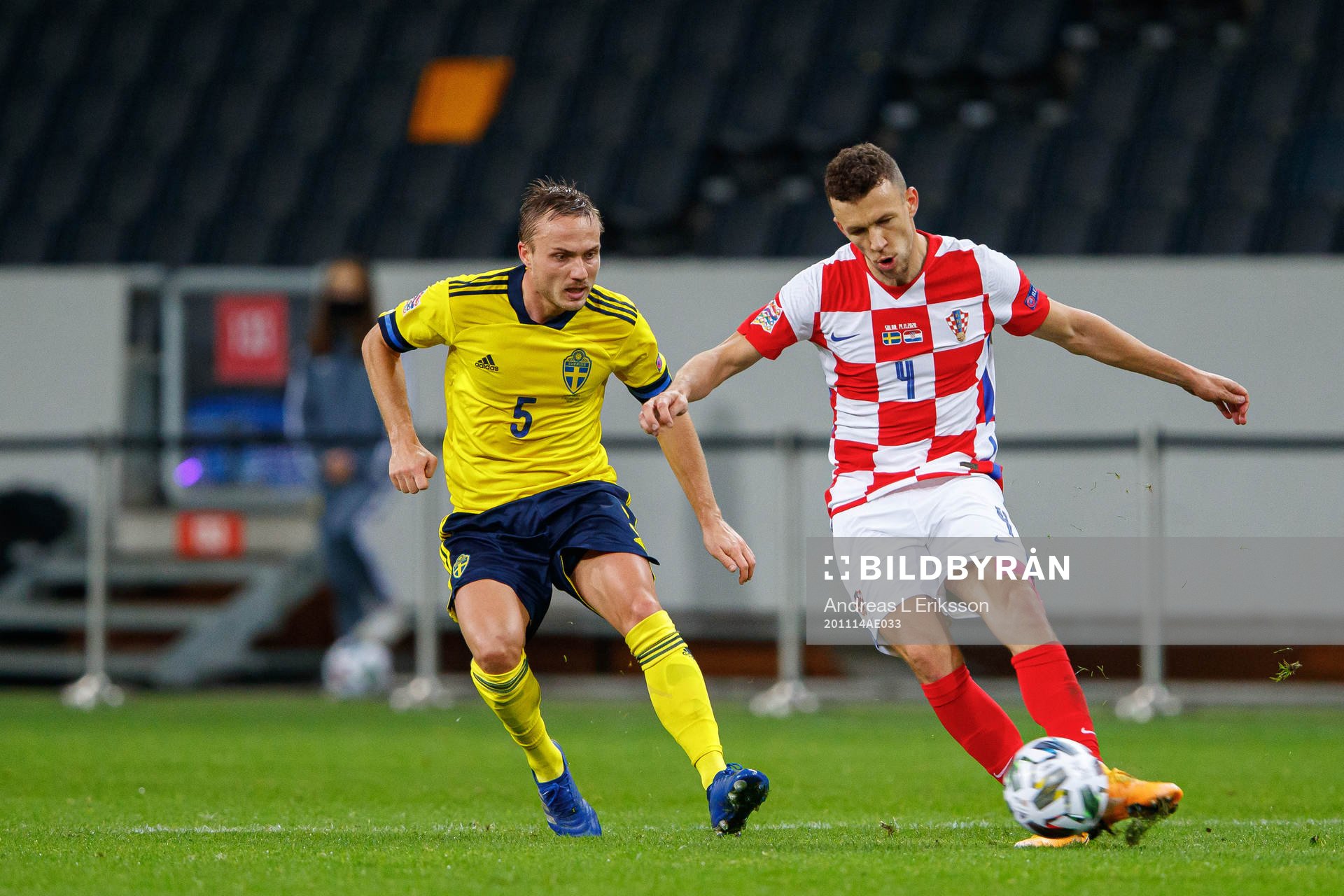 Pierre Bengtsson of Sweden and Ivan Perisic of Croatia