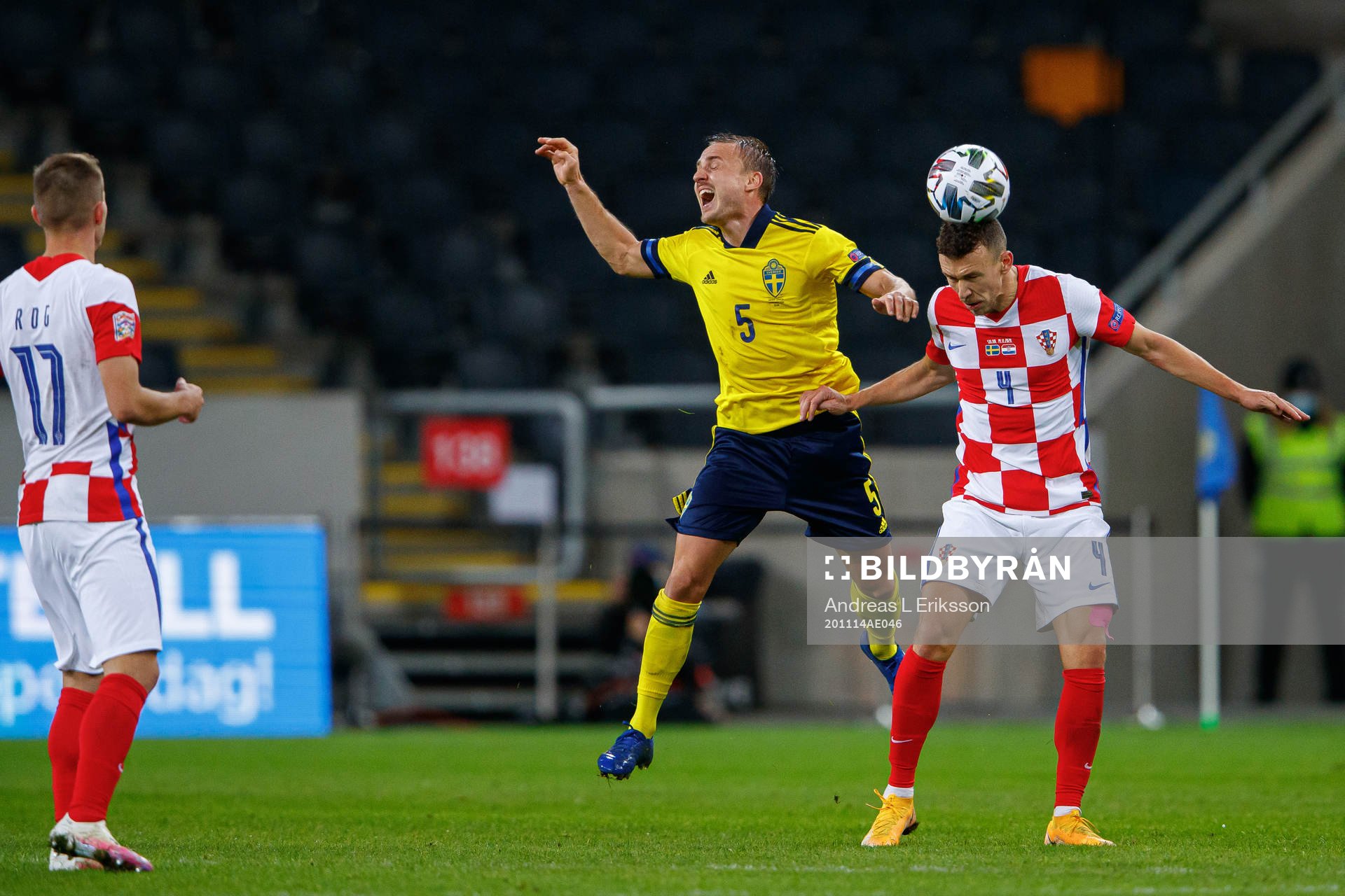 Pierre Bengtsson of Sweden and Ivan Perisic of Croatia