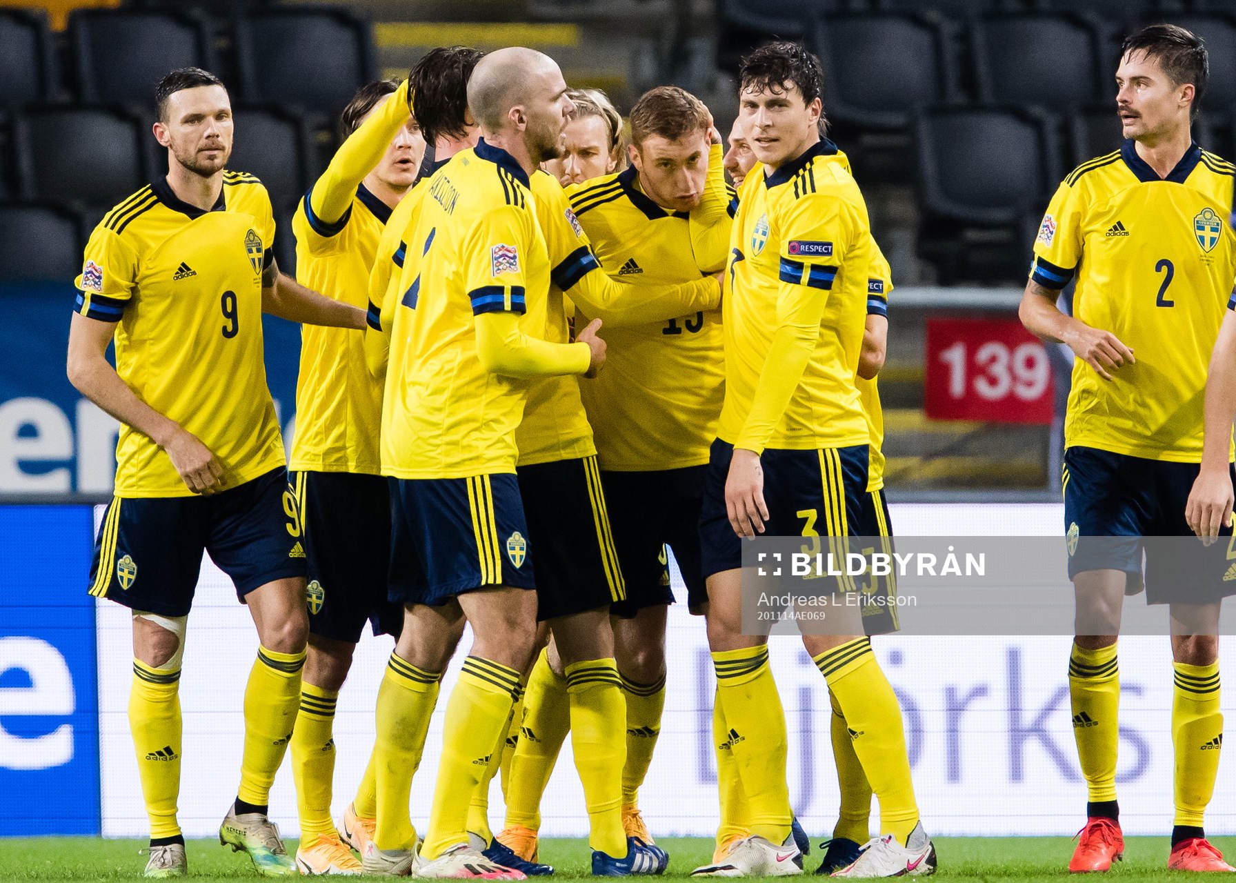 Marcus Berg, Marcus Danielson, Dejan Kulusevski and Victor Nilsson Lindelöf of Sweden celebrates the 1-0 goal during the Nations League football match between Sweden and Croatia on November 14, 2020 in Stockholm.