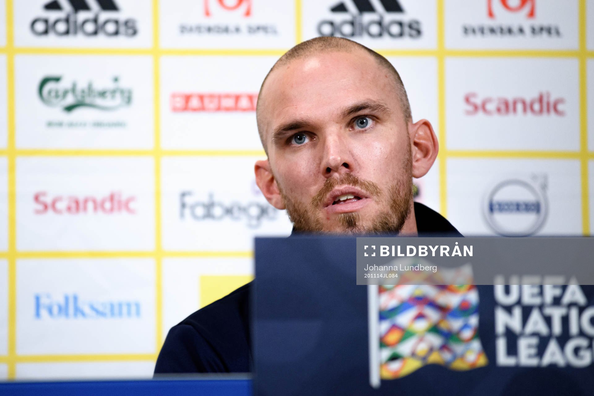 Marcus Danielson of Sweden during a press conference after the Nations League football match between Sweden and Croatia on November 14, 2020 in Stockholm.