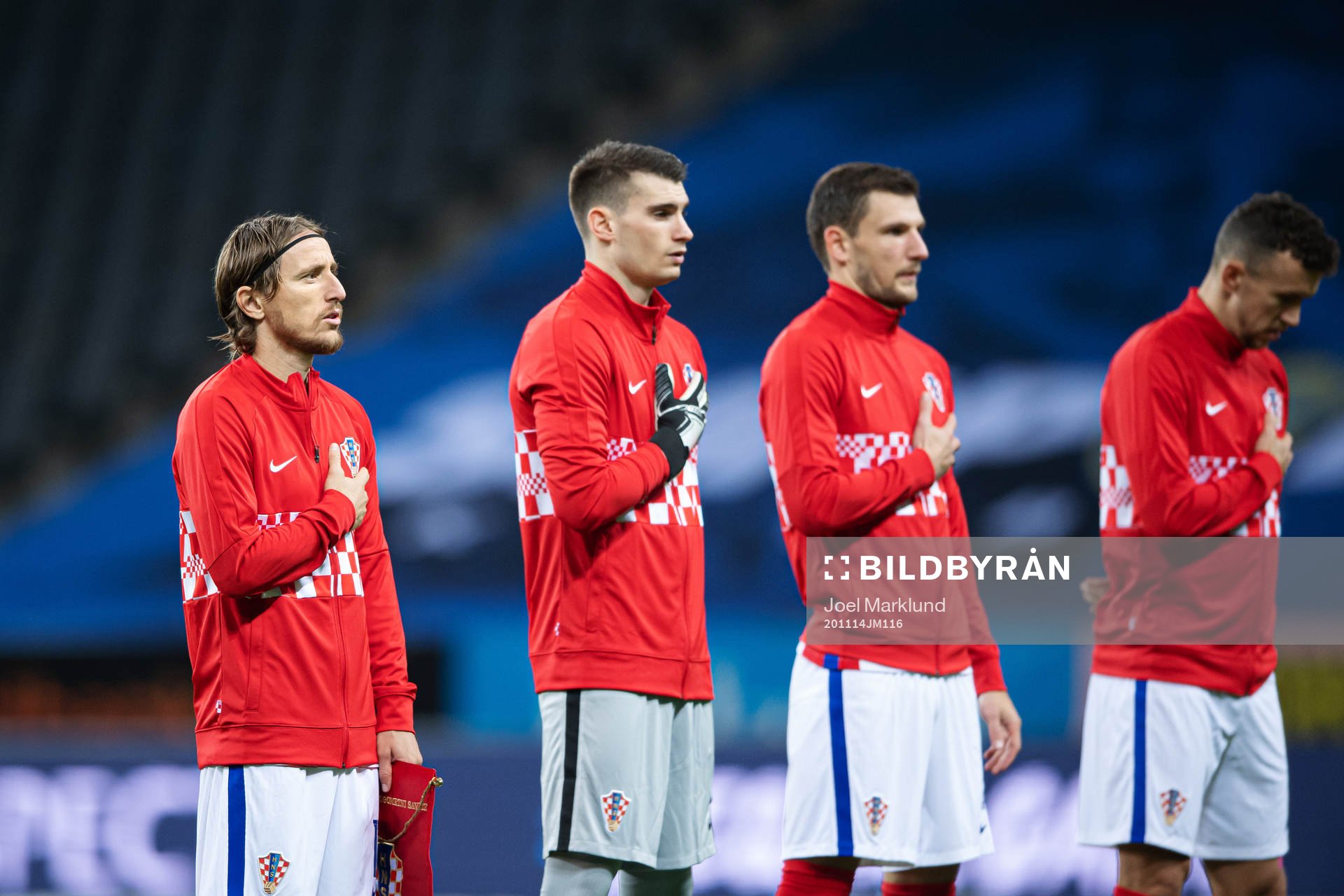 Luka Modric of Croatia singing the national anthem