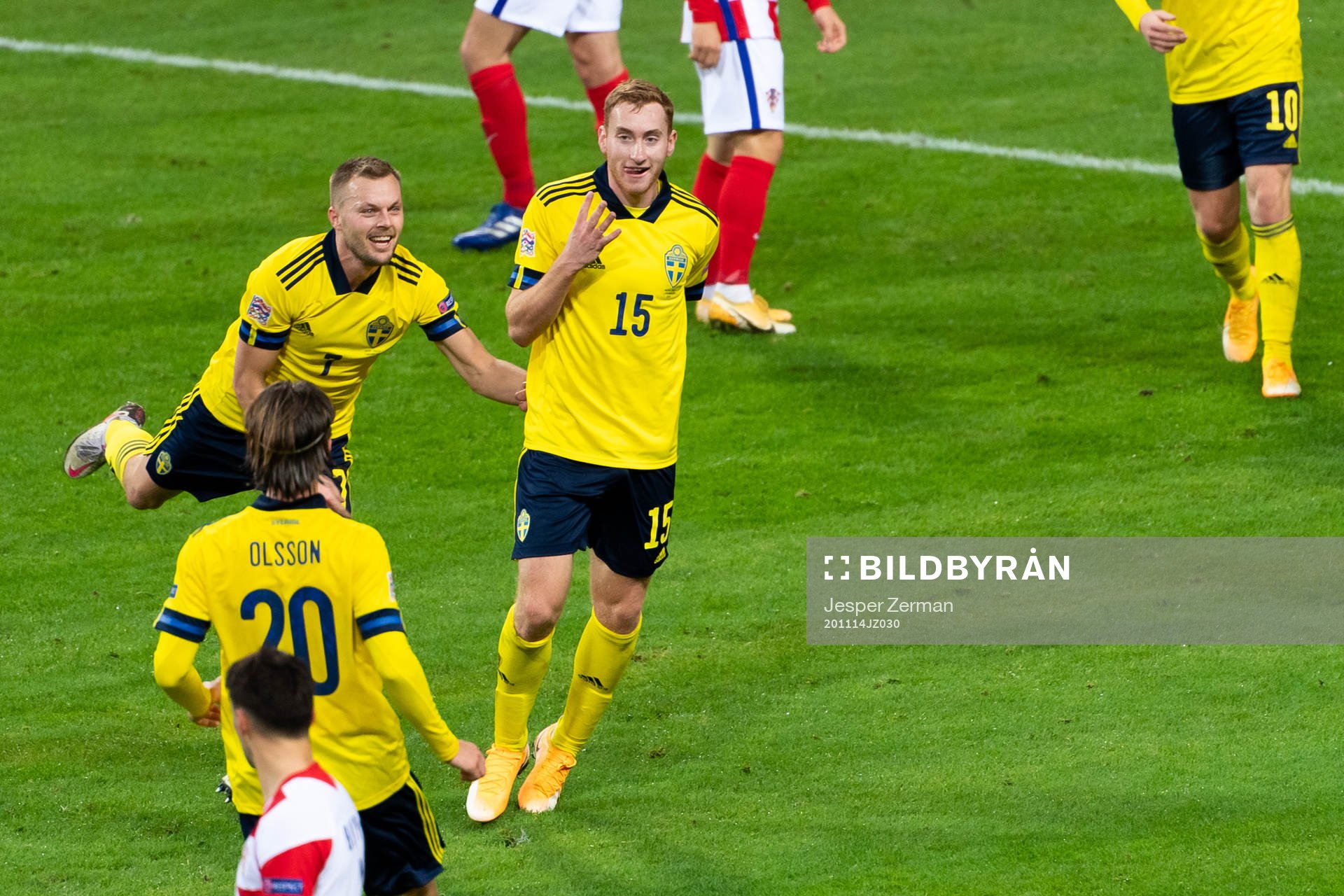 Dejan Kulusevski of Sweden celebrates after scoring 1-0 during the Nations League football match between Sweden and Croatia on November 14, 2020 in Stockholm.