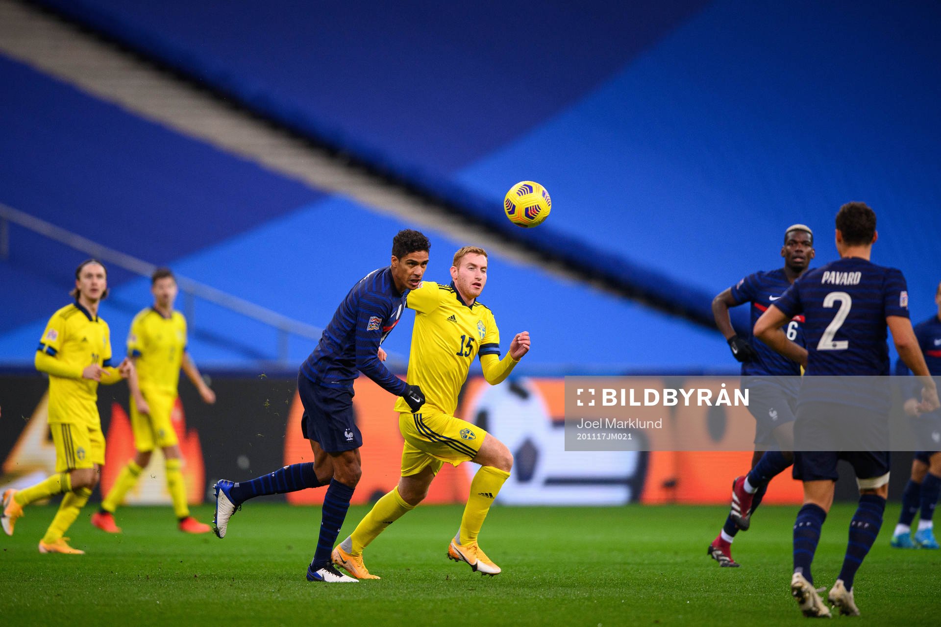 Raphael Varane of France and Dejan Kulusevski of Sweden