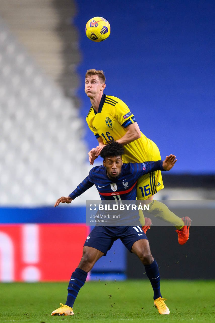 Emil Krafth of Sweden and Kingsley Coman of France