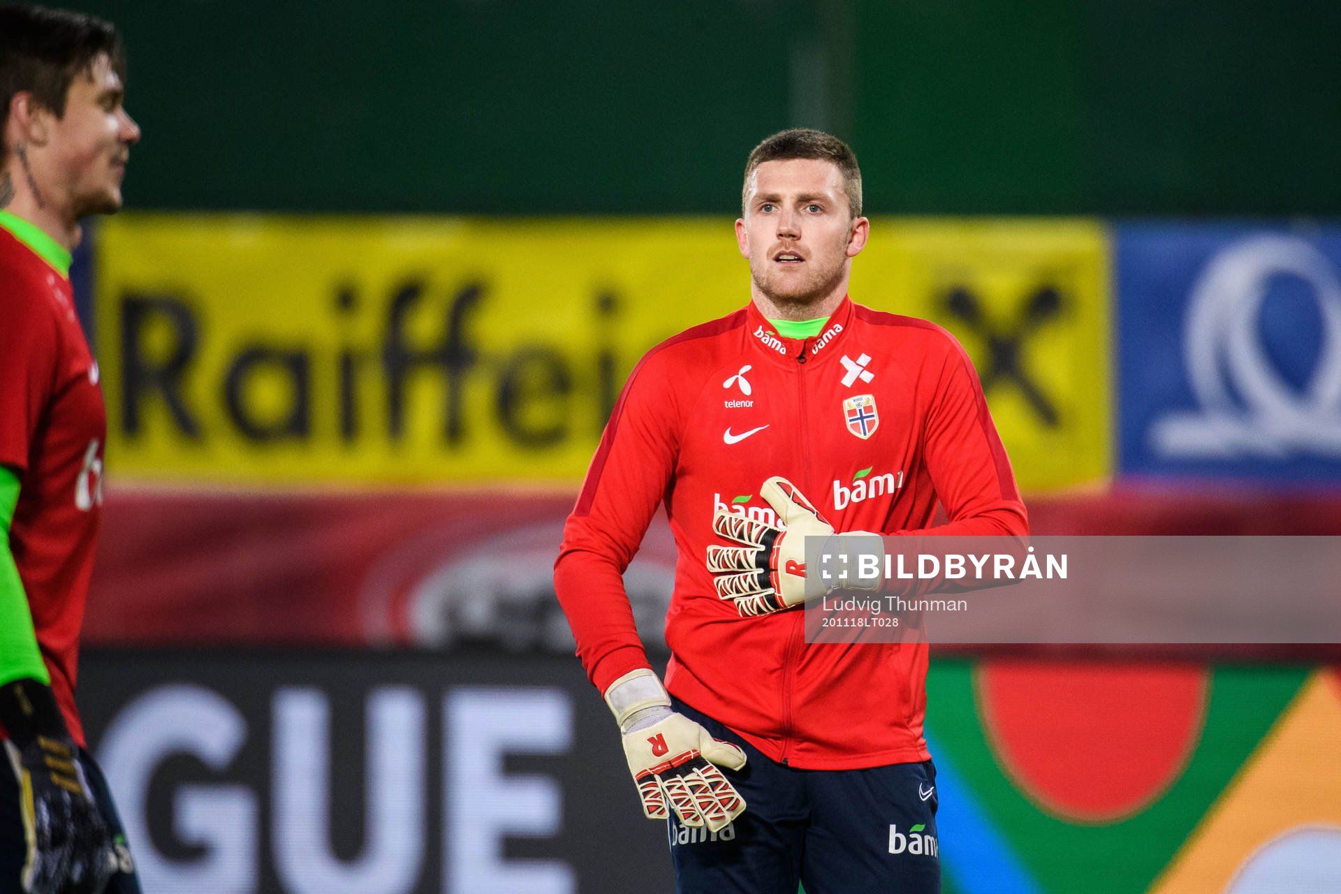 Goalkeeper Per Kristian Bråtveit and goalkeeper Anders Kristiansen of Norway during warm up ahead of the Nations League football match between Austria and Norway on November 18, 2020 in Vienna.