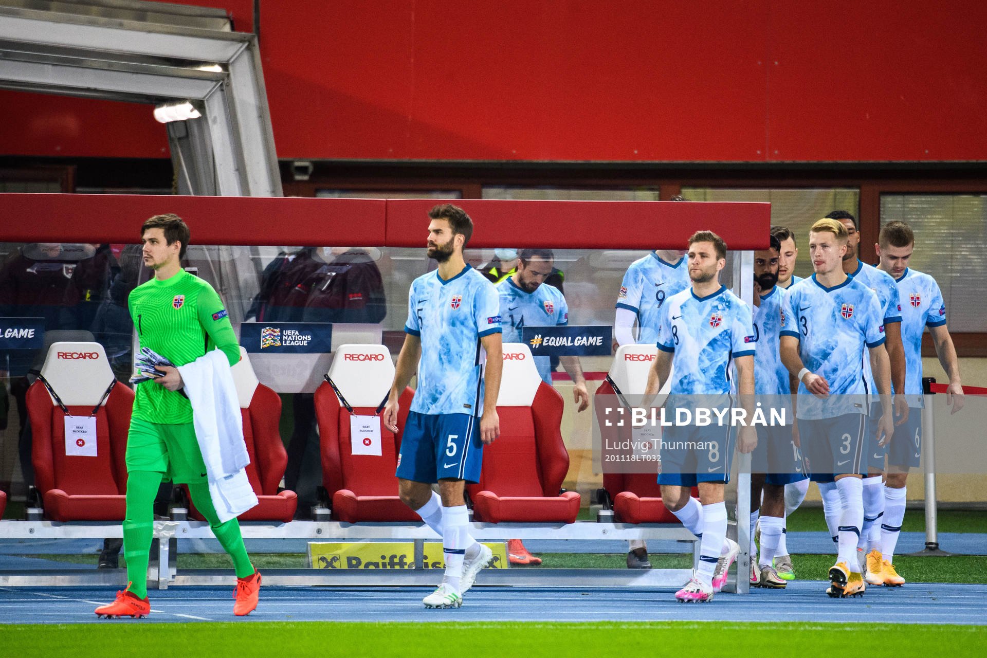 Goalkeeper Per Kristian Bråtveit, Jørgen Skjelvik, Sondre Tronstad and Andreas Hanche-Olsen of Norway enter the pitch ahead of the Nations League football match between Austria and Norway on November 18, 2020 in Vienna.