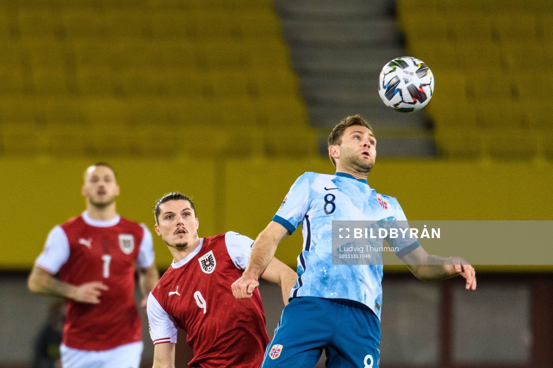 Marcel Sabitzer of Austria and Sondre Tronstad of Norway during the Nations League football match between Austria and Norway on November 18, 2020 in Vienna.