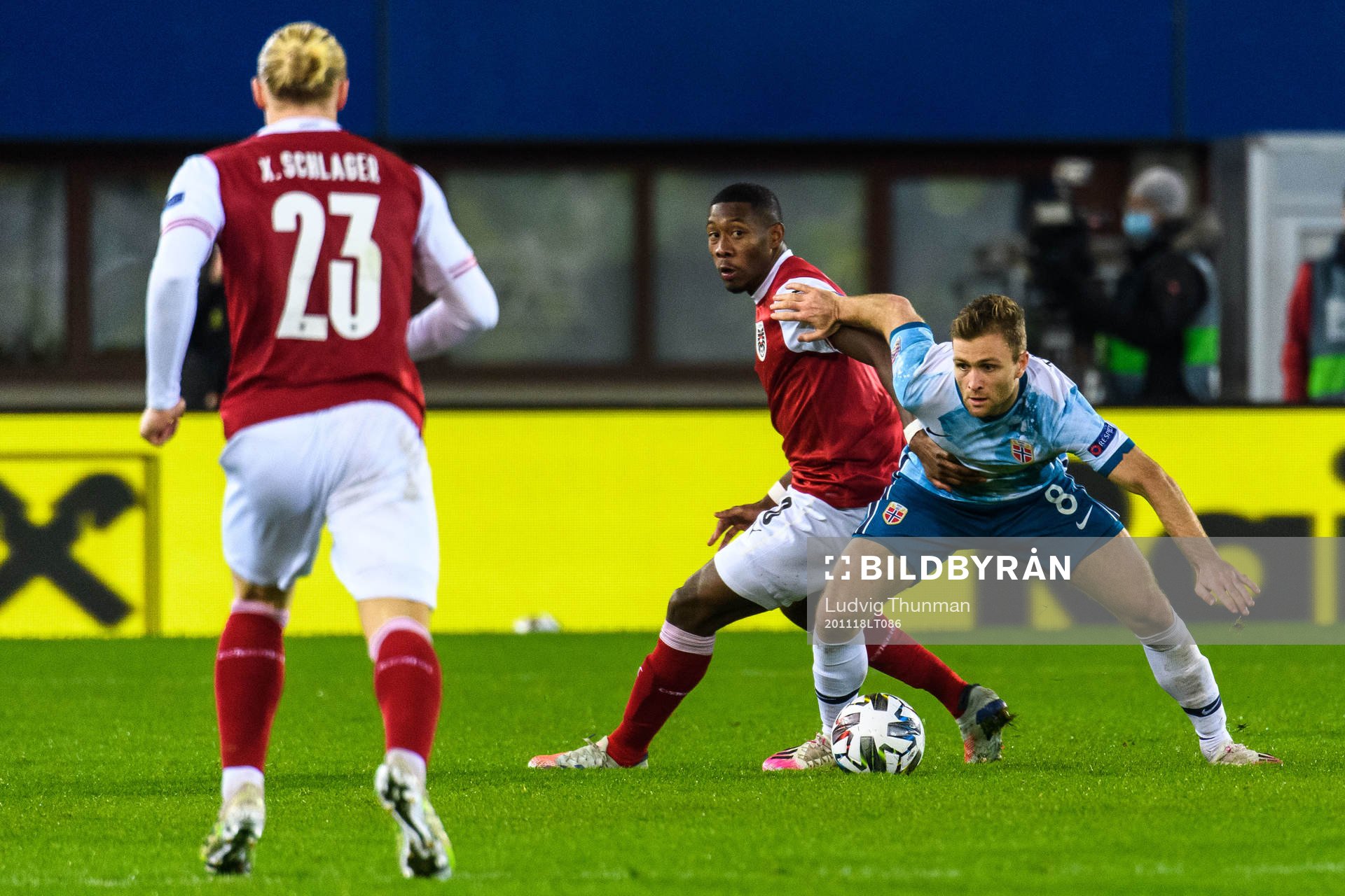 David Alaba of Austria and Sondre Tronstad of Norway during the Nations League football match between Austria and Norway on November 18, 2020 in Vienna.