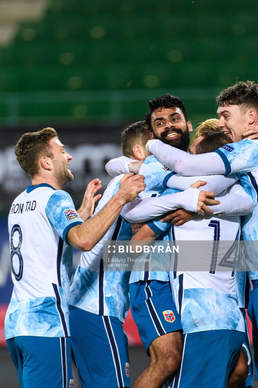 Ghayas Zahid of Norway celebrate with teammates after scoring the 0-1 goal during the Nations League football match between Austria and Norway on November 18, 2020 in Vienna.