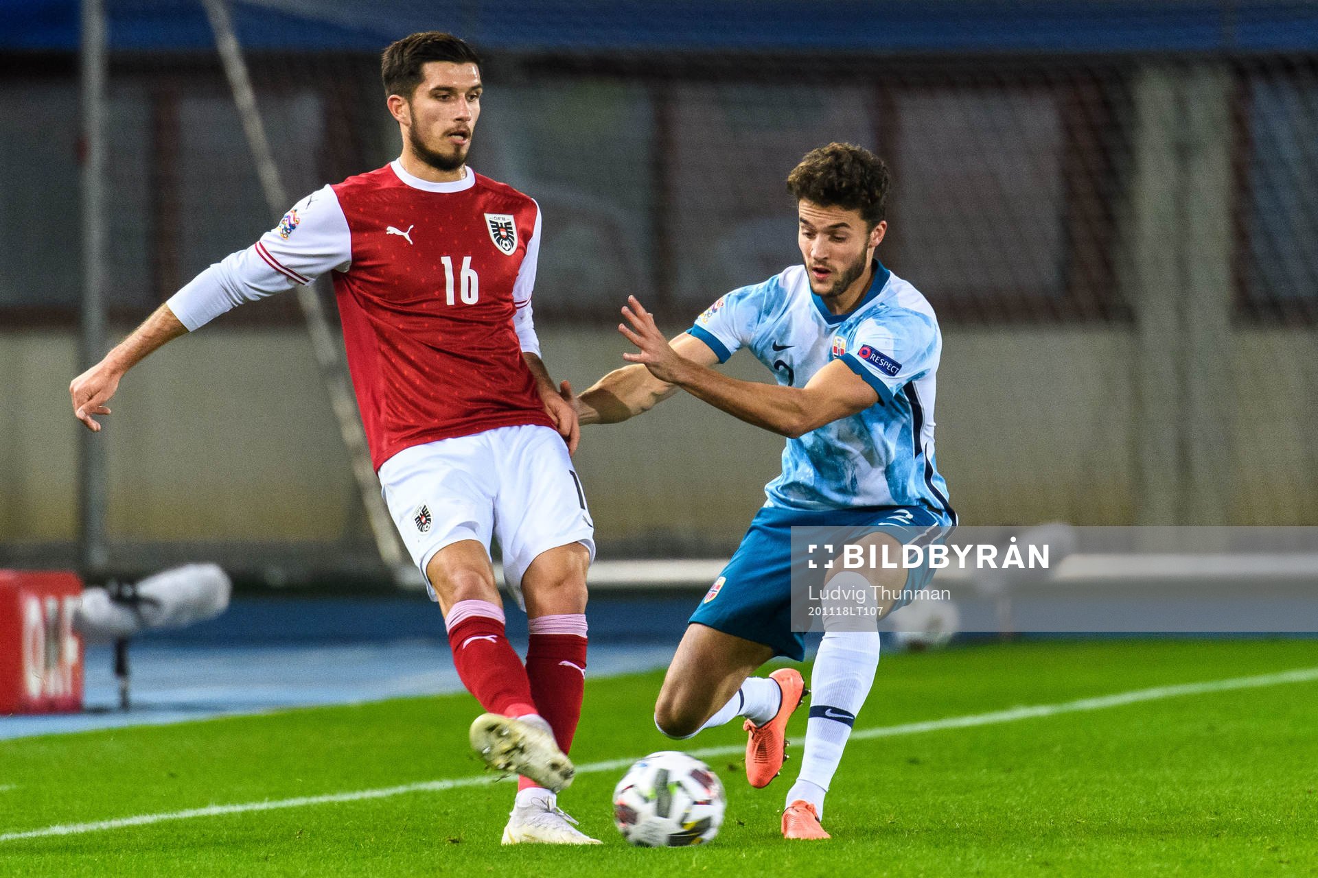 Adrian Grbic of Austria and Daniel Granli of Norway during the Nations League football match between Austria and Norway on November 18, 2020 in Vienna.