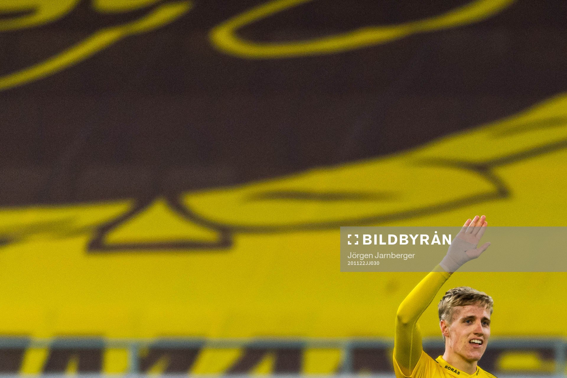 Elfsborgs Jeppe Møldrup Okkels jublar efter att han gjort 2-0 under fotbollsmatchen i Allsvenskan mellan Elfsborg och Helsingborg den 22 november 2020 i Borås.