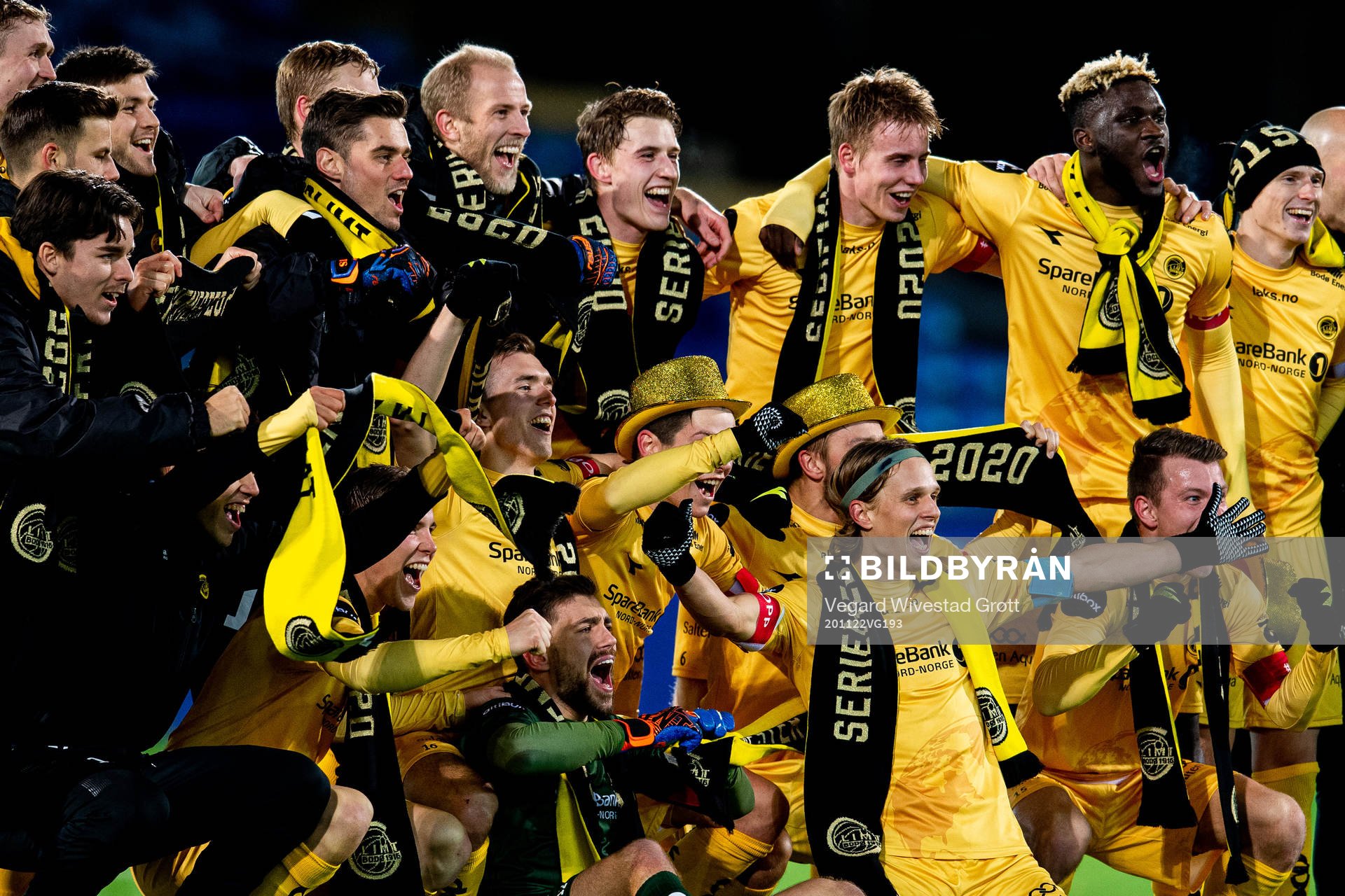Hugo Vegard Vetlesen, Vegard Leikvoll Moberg, Alfons Sampsted, Morten Konradsen, goalkeeper Nikita Haikin, Marius Høibråten, Isak Amundsen, Ulrik Saltnes, Viktor Boniface, Kasper Junker and players of Bodø/Glimt celebrate winning the league after the Eliteserien football match between Strømsgodset and Bodø/Glimt on November 22, 2020 in Drammen.