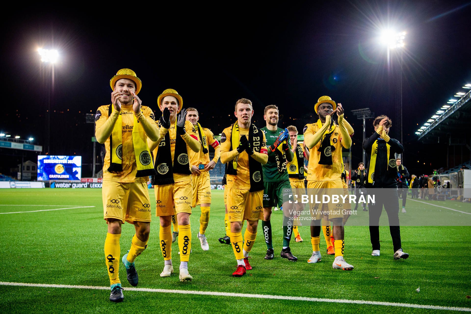 Fredrik André Bjørkan, Sondre Fet, Runar Hauge, goalkeeper Nikita Haikin, Viktor Boniface and Sebastian Tounekti of Bodø/Glimt celebrate winning the league after the Eliteserien football match between Strømsgodset and Bodø/Glimt on November 22, 2020 in Drammen.