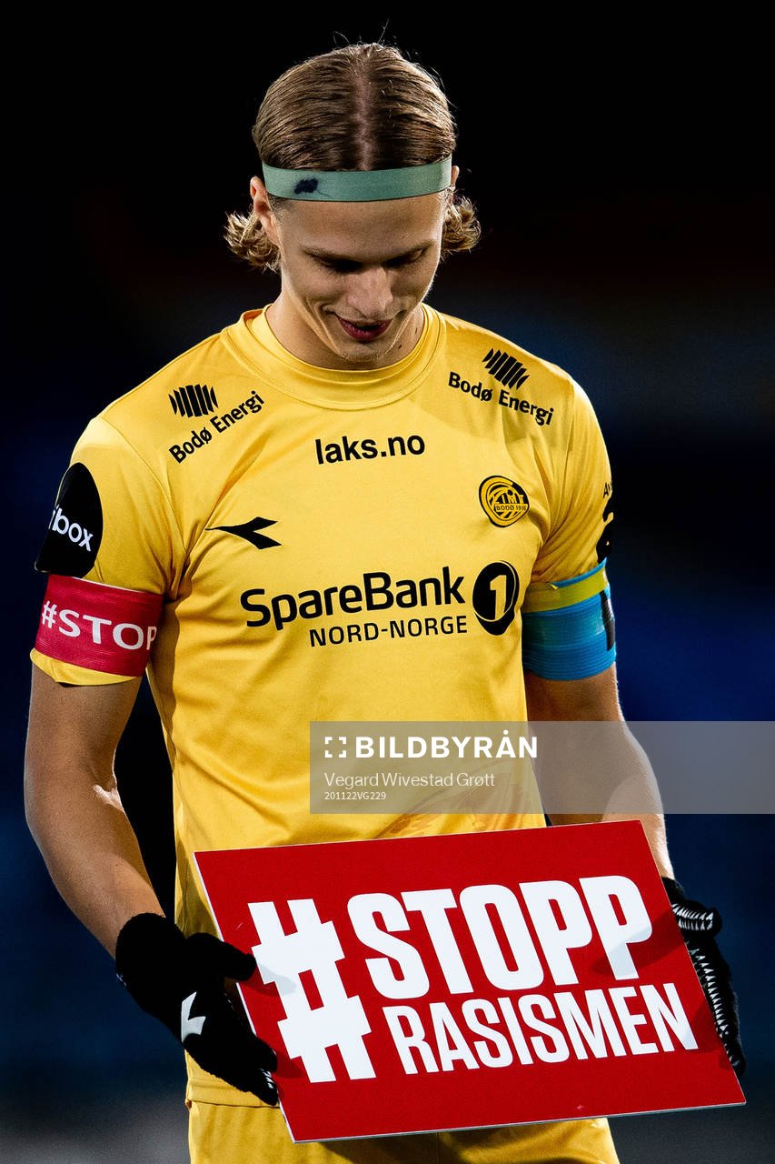 Ulrik Saltnes of Bodø/Glimt with a sign that reads