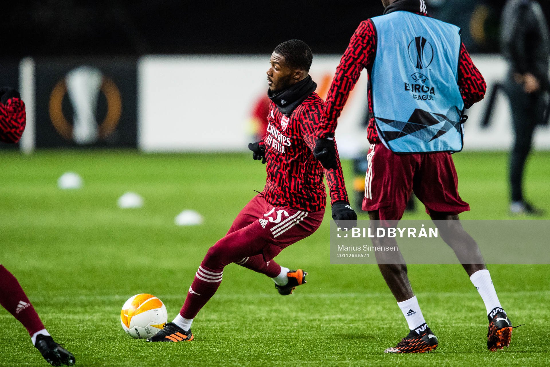 Ainsley Maitland-Niles of Arsenal warms up ahead of the Europa League group stage match between Molde and Arsenal on November 26, 2020 in Molde.