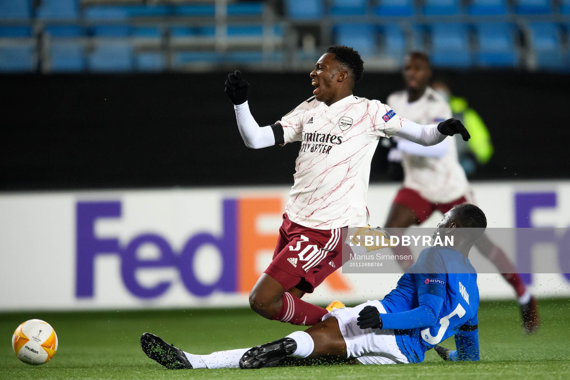 Eddie Nketiah of Arsenal and Sheriff Sinyan of Molde