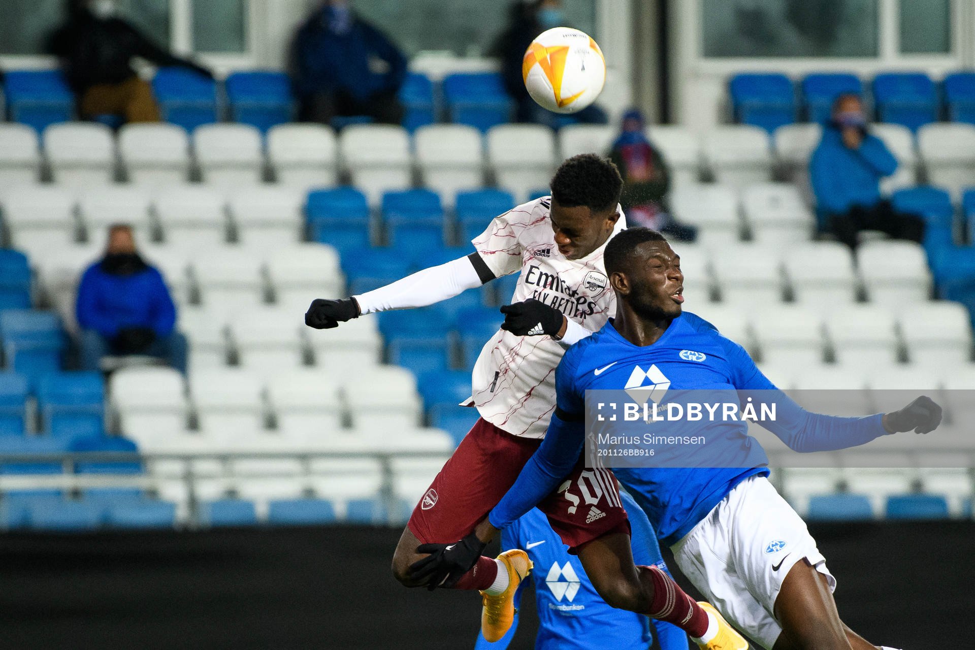 Eddie Nketiah of Arsenal and Sheriff Sinyan of Molde