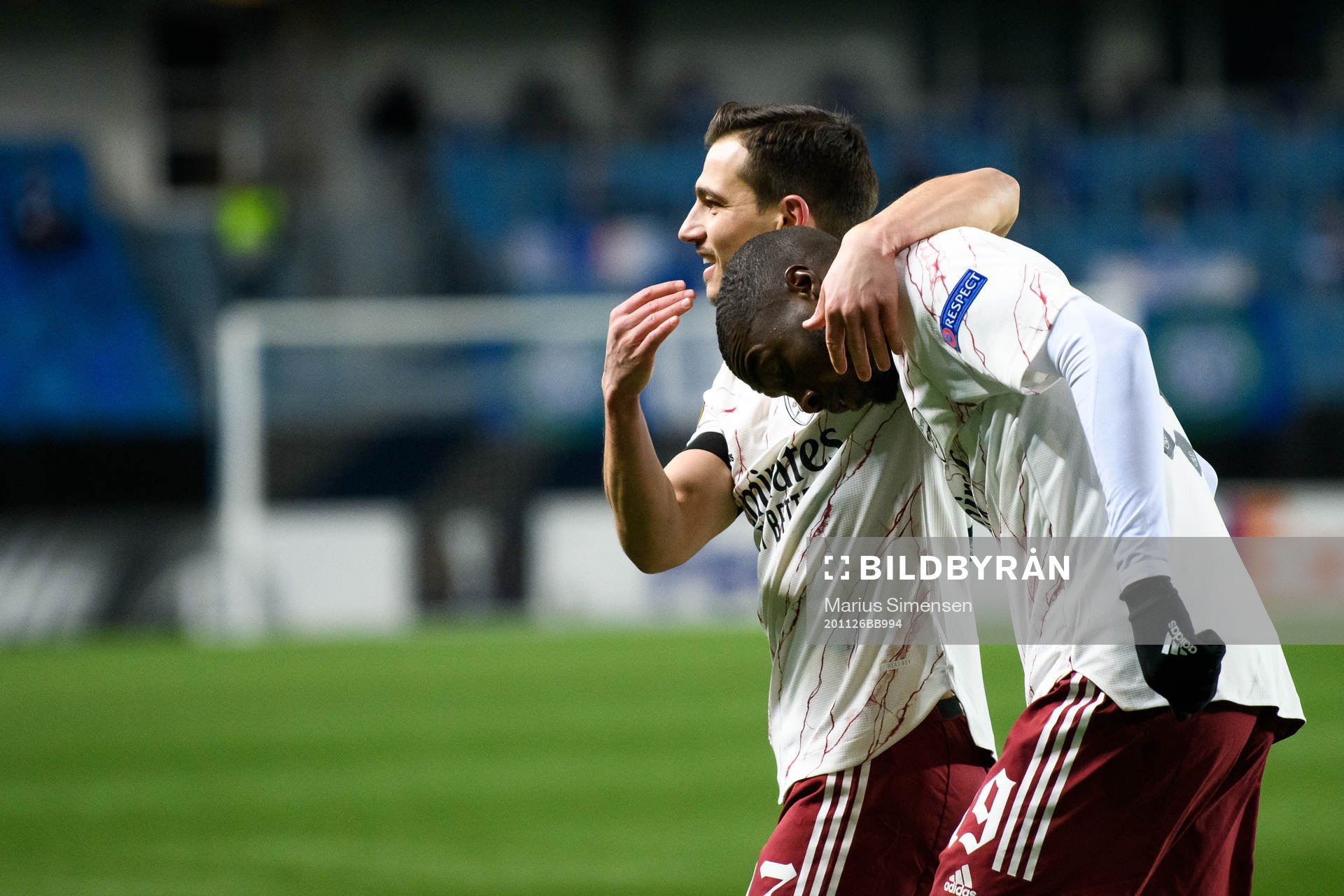 Cédric and Nicolas Pépé of Arsenal celebrates the 0-1 goal during the UEFA Europa League match between Molde and Arsenal on November 26, 2020 in Molde.