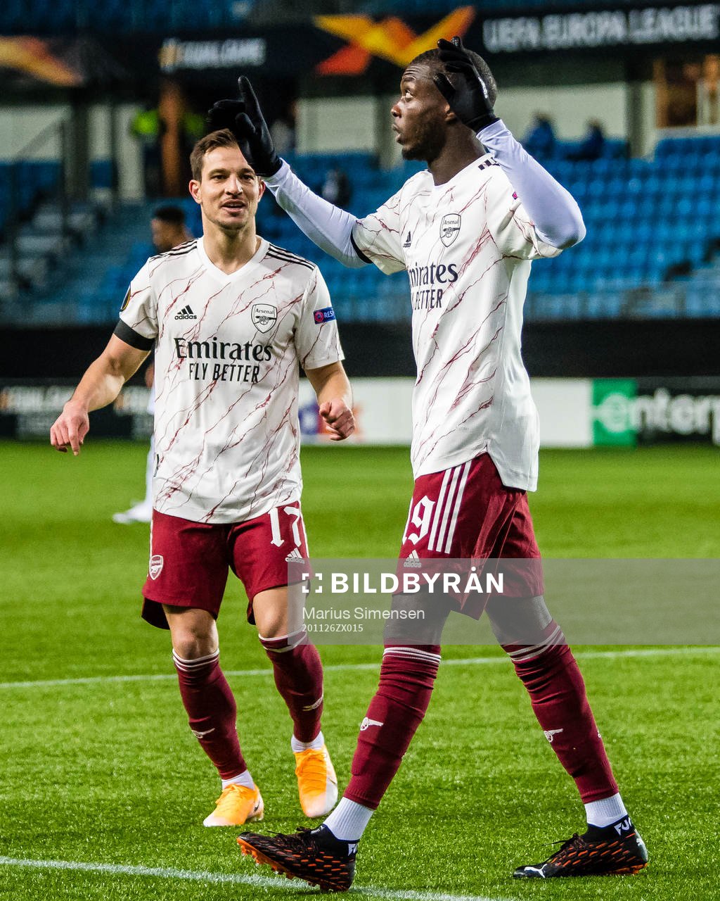 Nicolas Pepe of Arsenal celebrates after scoring the 0-1 goal during the Europa League group stage match between Molde and Arsenal on November 26, 2020 in Molde.