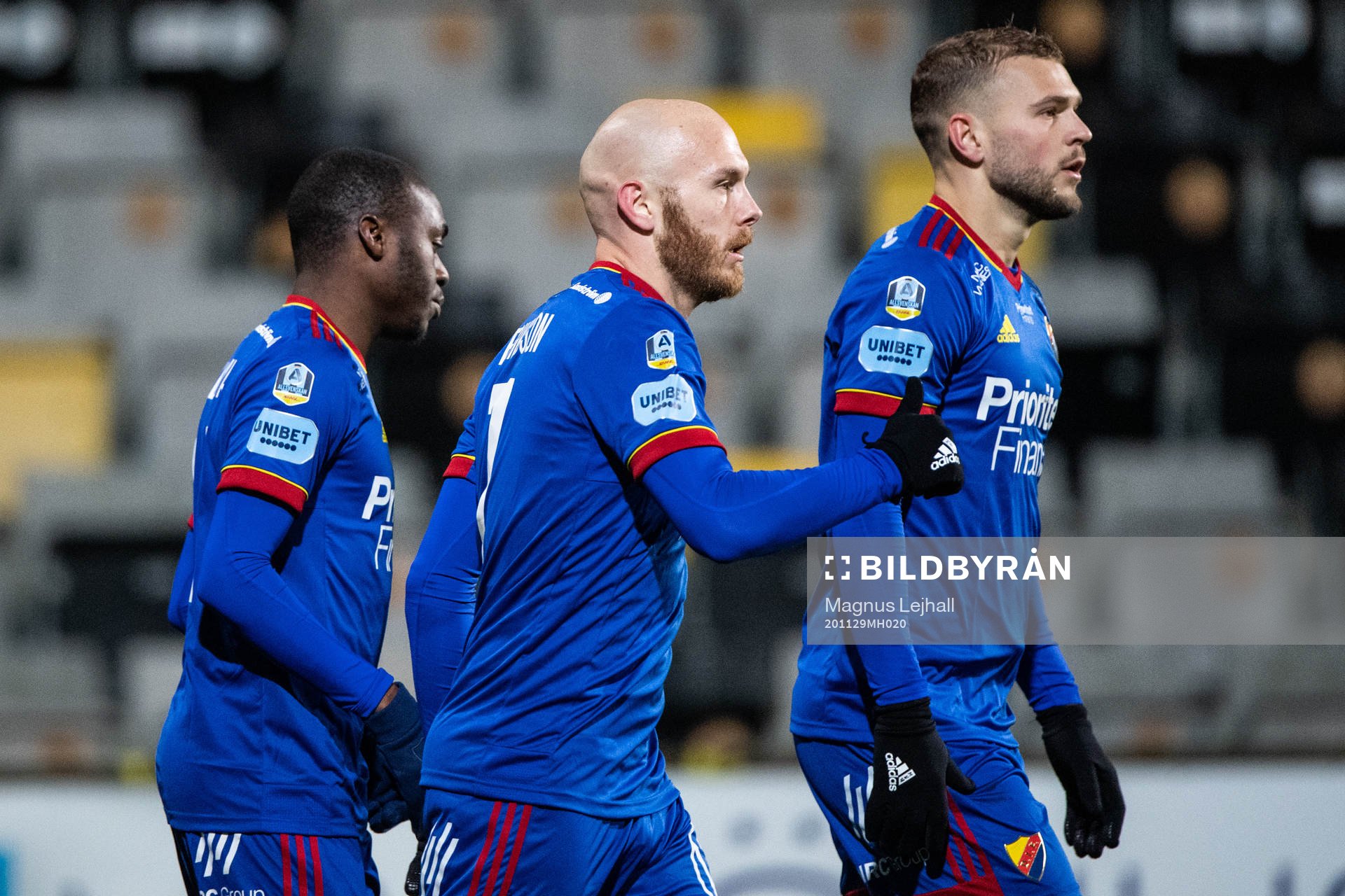 Djurgårdens Magnus Eriksson jublar efter 1-1 under fotbollsmatchen i Allsvenskan mellan Mjällby och Djurgården den 29 november 2020 i Hällevik.
