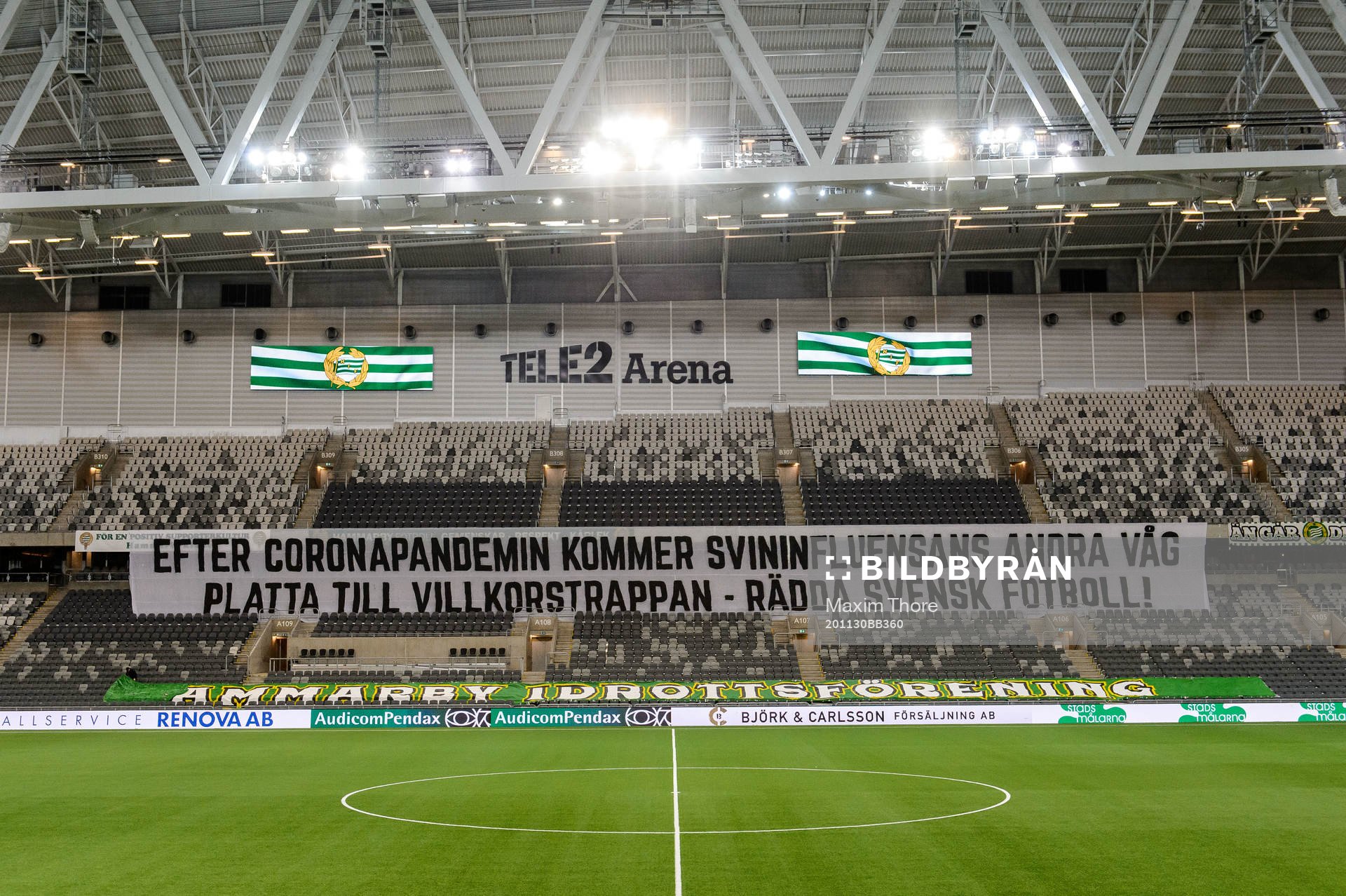 En banderoll efter fotbollsmatchen i Allsvenskan mellan Hammarby och IFK Norrköping den 30 november 2020 i Stockholm.