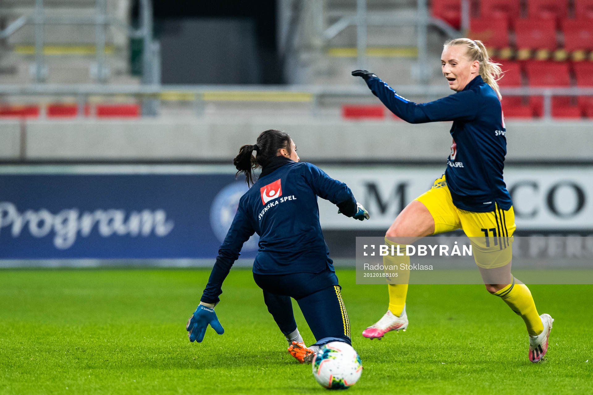 Goalkeeper Zecira Musovic and Stina Blackstenius of Sweden