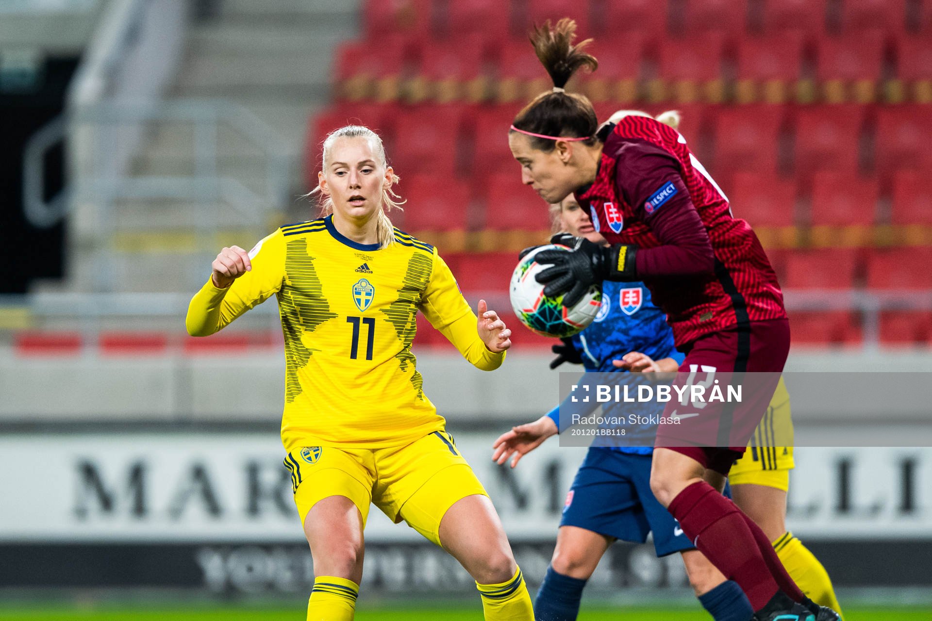 Stina Blackstenius of Sweden and goalkeeper 12 Maria