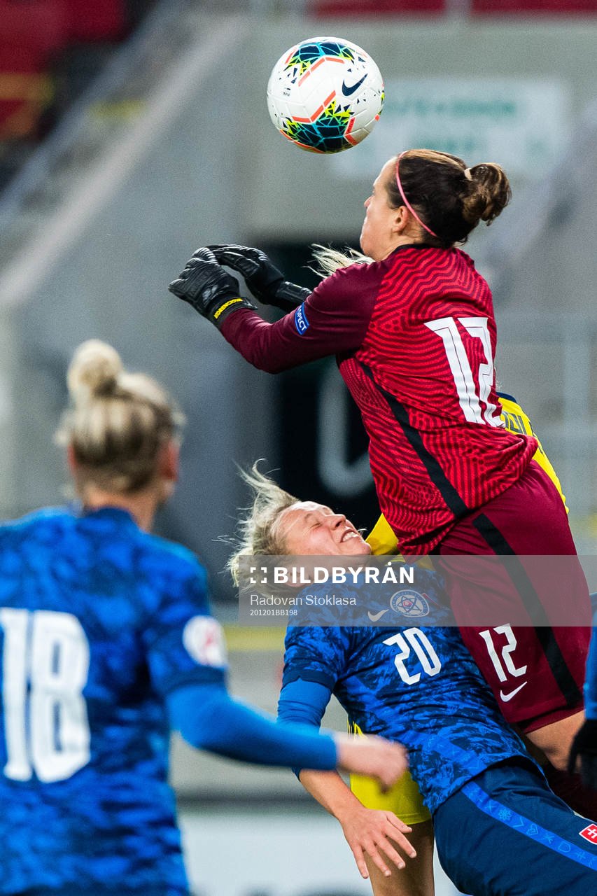 Andrea Horváthová and goalkeeper 12 Maria Korenčiová of