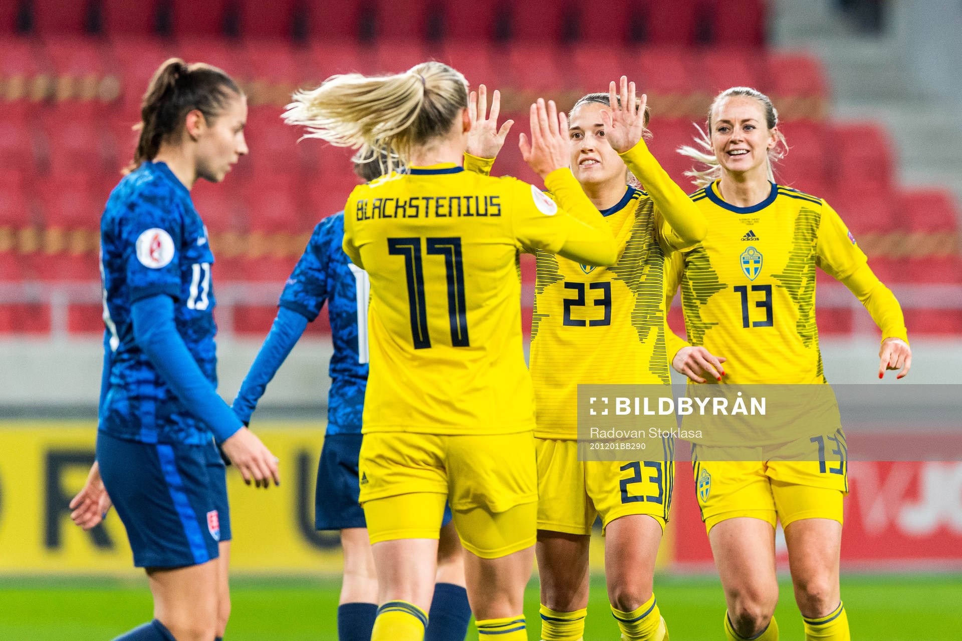 Filippa Angeldal of Sweden celebrates after scoring 0-6 during the UEFA Women's Euro Qualifier football match between Slovakia and Sweden on December 1, 2020 in Trnava.