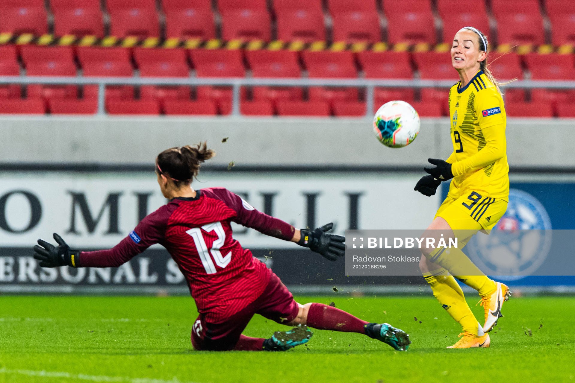 Goalkeeper Maria Korenčiová of Slovakia and Kosovare