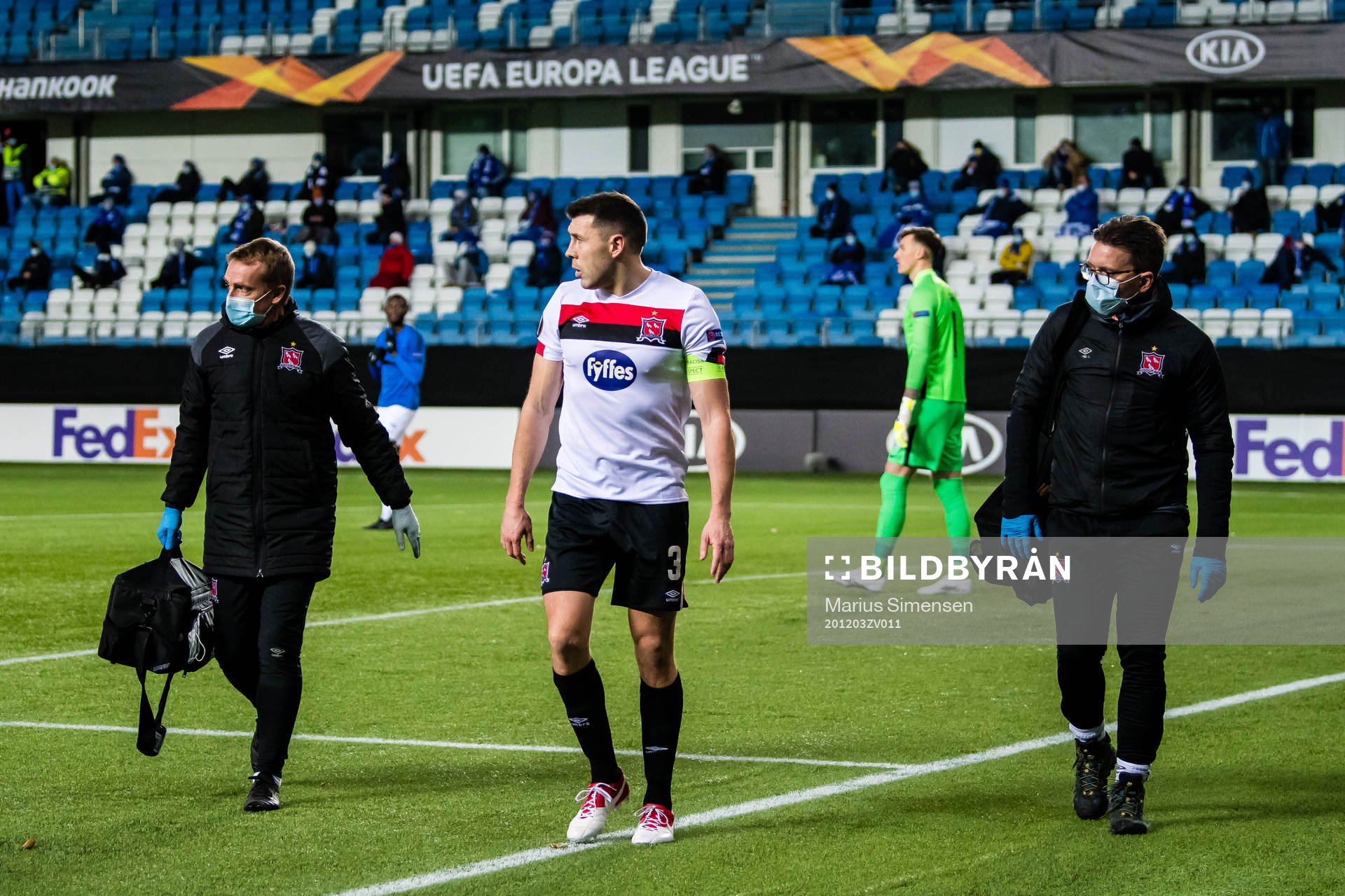Brian Gartland of Dundalk walks off the pitch with an injury during the Europa League group stage match between Molde and Dundalk on December 3, 2020 in Molde.