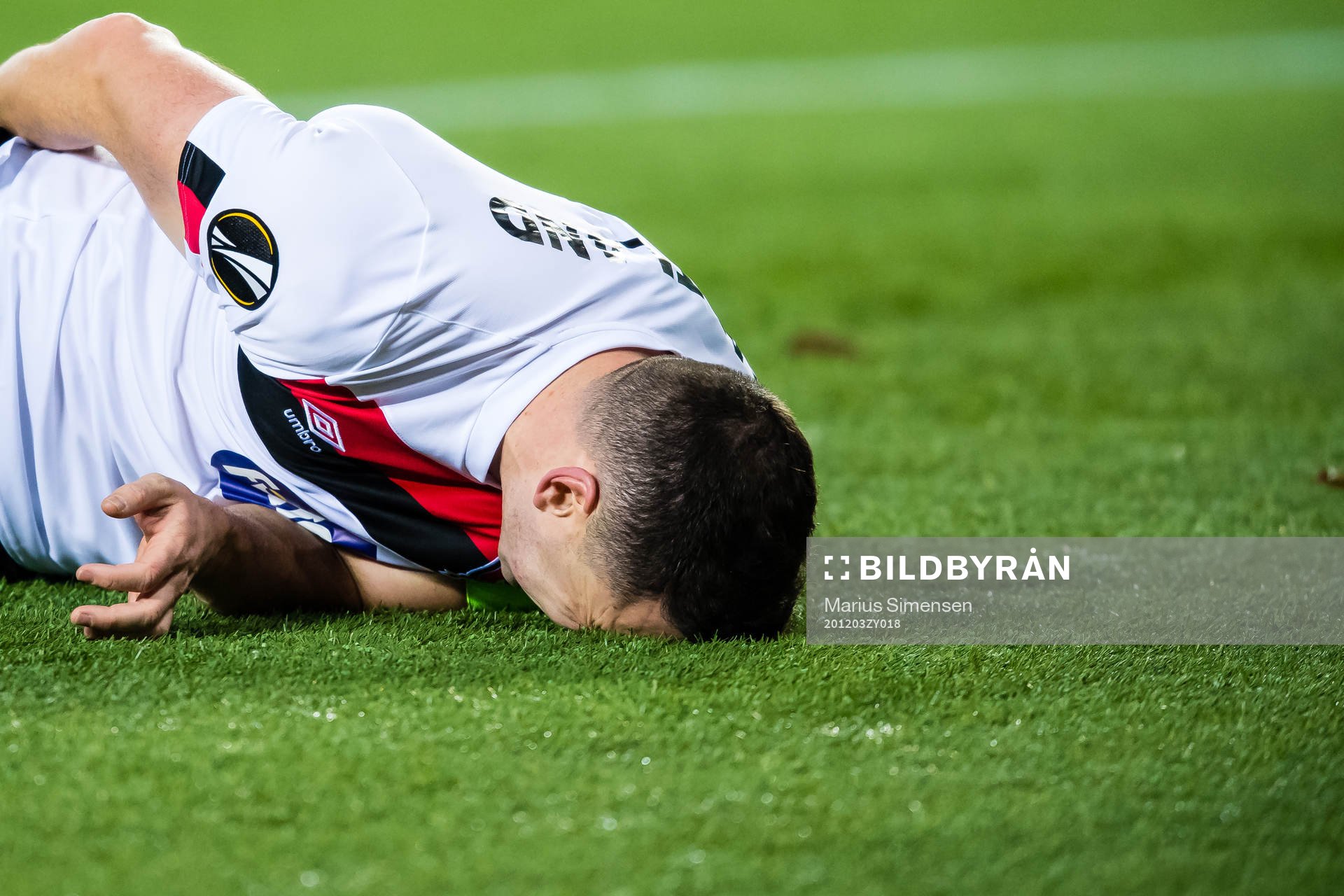 Brian Gartland of Dundalk in pain during the Europa League group stage match between Molde and Dundalk on December 3, 2020 in Molde.