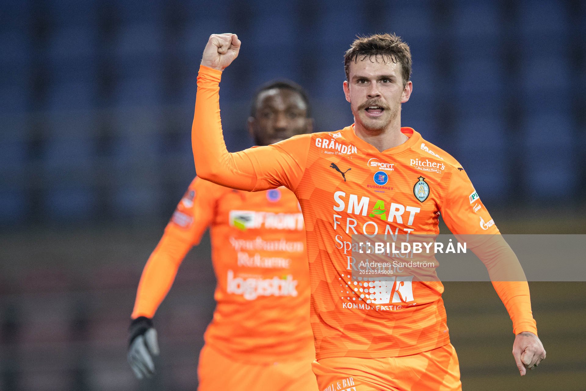 AFC Eskilstunas Jesper Manns jublar efter 1-0 under fotbollsmatchen i Superettan mellan AFC Eskilstuna och Norrby den 5 december 2020 i Eskilstuna.