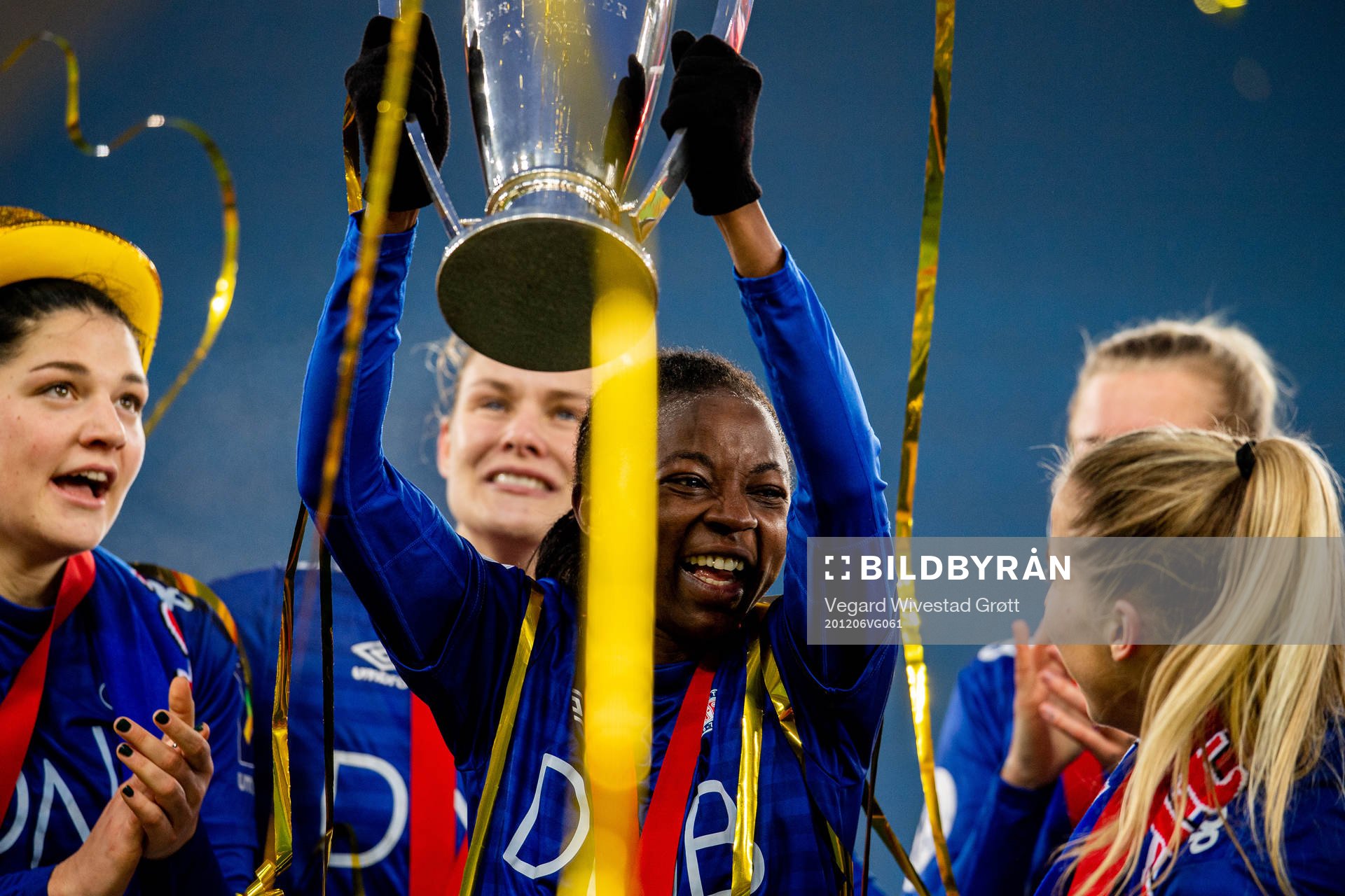 Ajara Njoya of Vålerenga celebrates winning the league after the Toppserien football match between Vålerenga and Arna-Bjørnar on December 6, 2020 in Oslo.