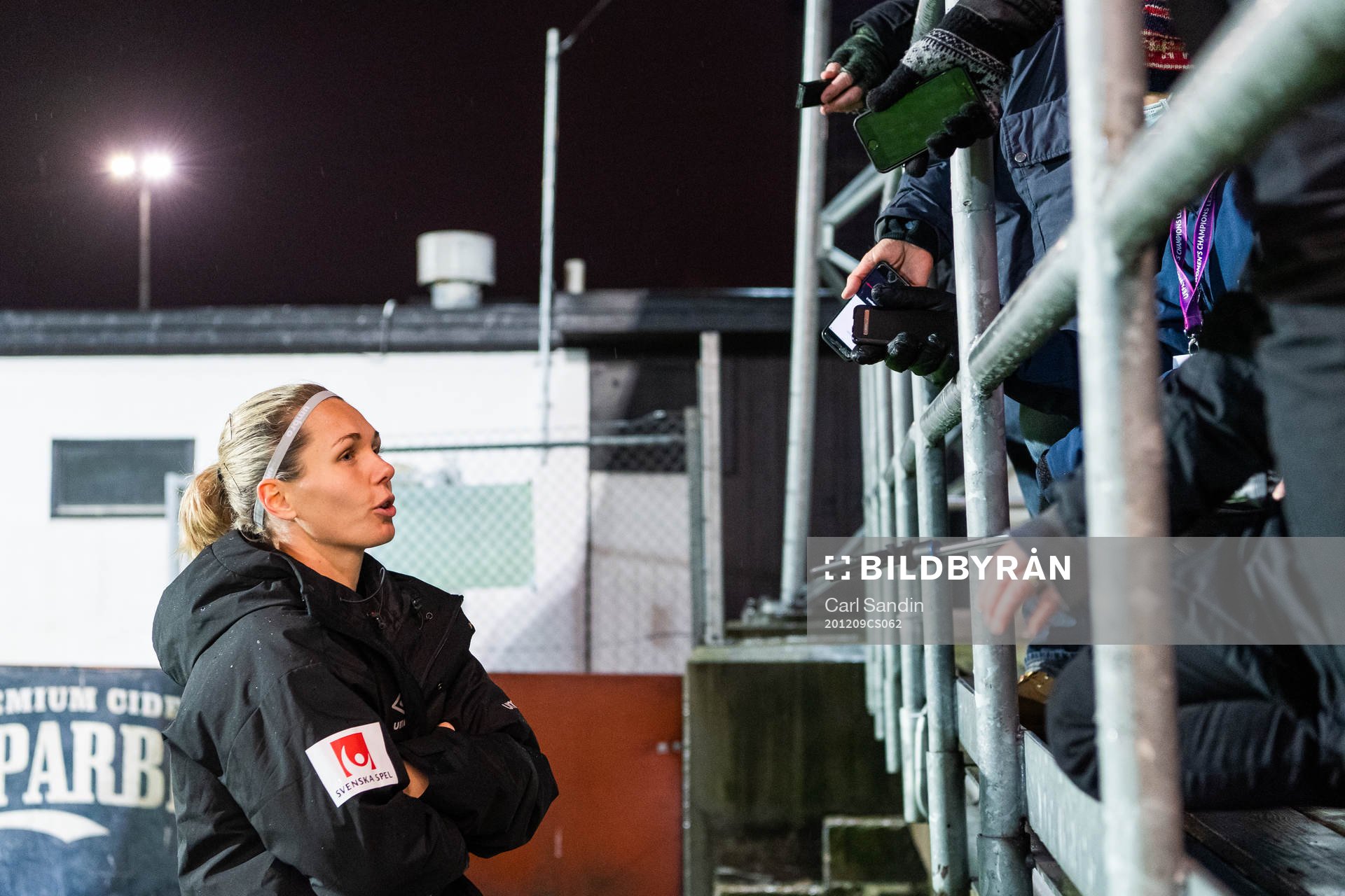 Goalkeeper Jennifer Falk of Göteborg is interviewed