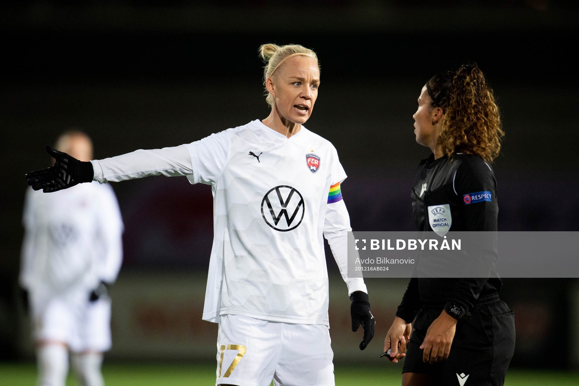 Rosengårds Caroline Seger and referee Shona Shukrula
