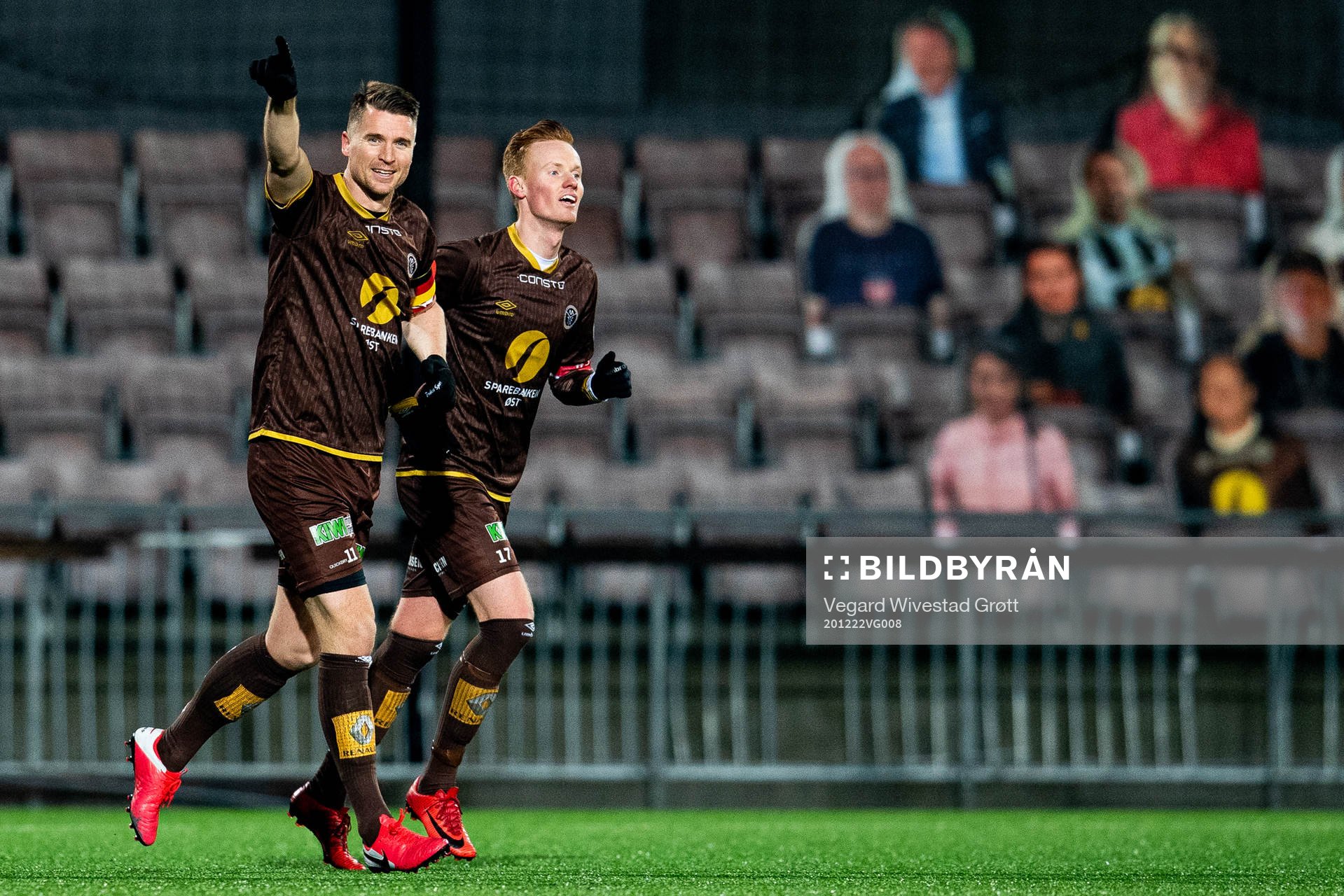 Christian Gauseth of Mjøndalen celebrates with teammate
