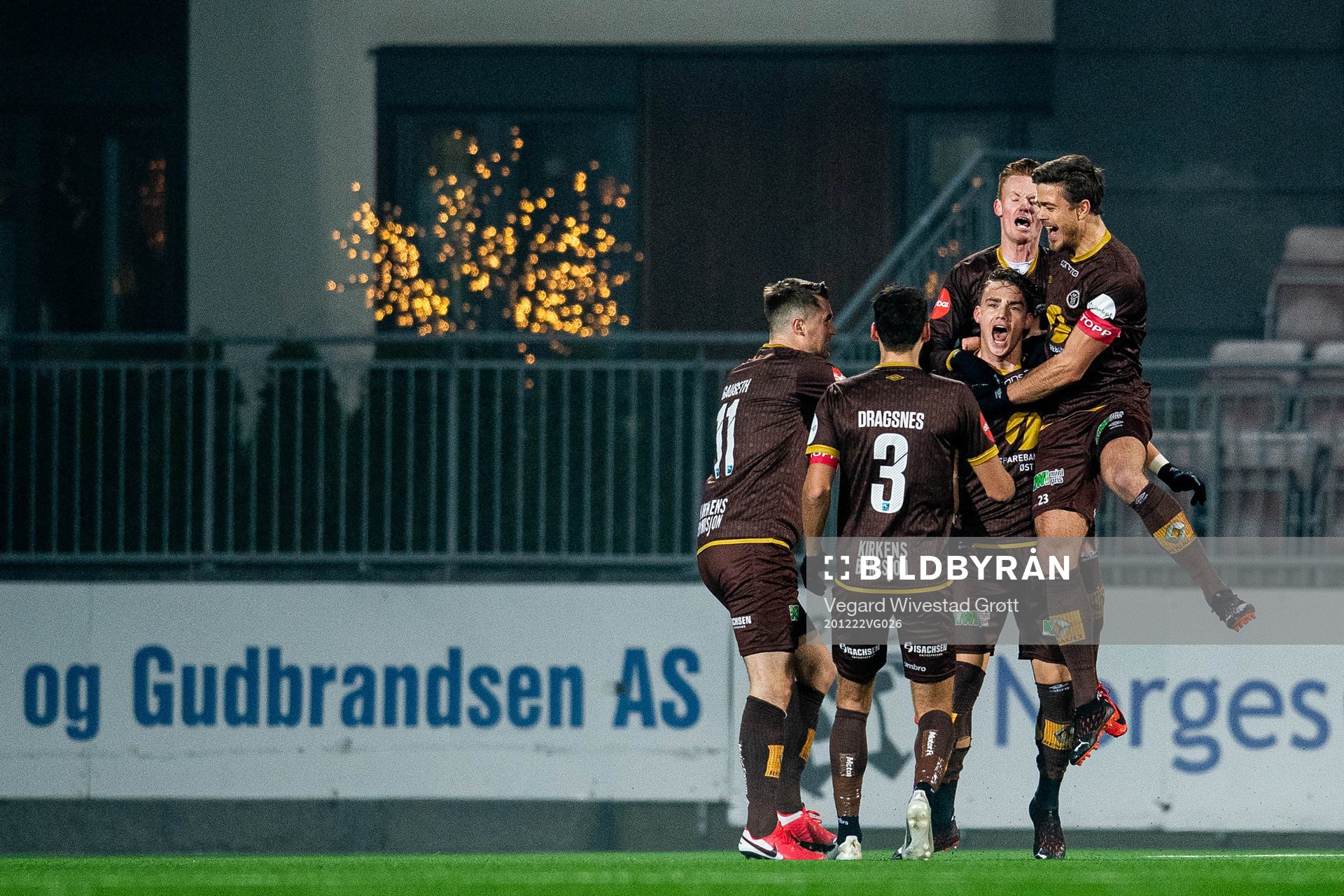 Markus Nakkim of Mjøndalen celebrates with teammates