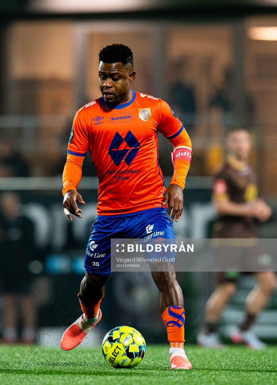Izunna Uzochukwu of Aalesund during the Eliteserien football match between Mjøndalen and Aalesund on December 22, 2020 in Mjøndalen.