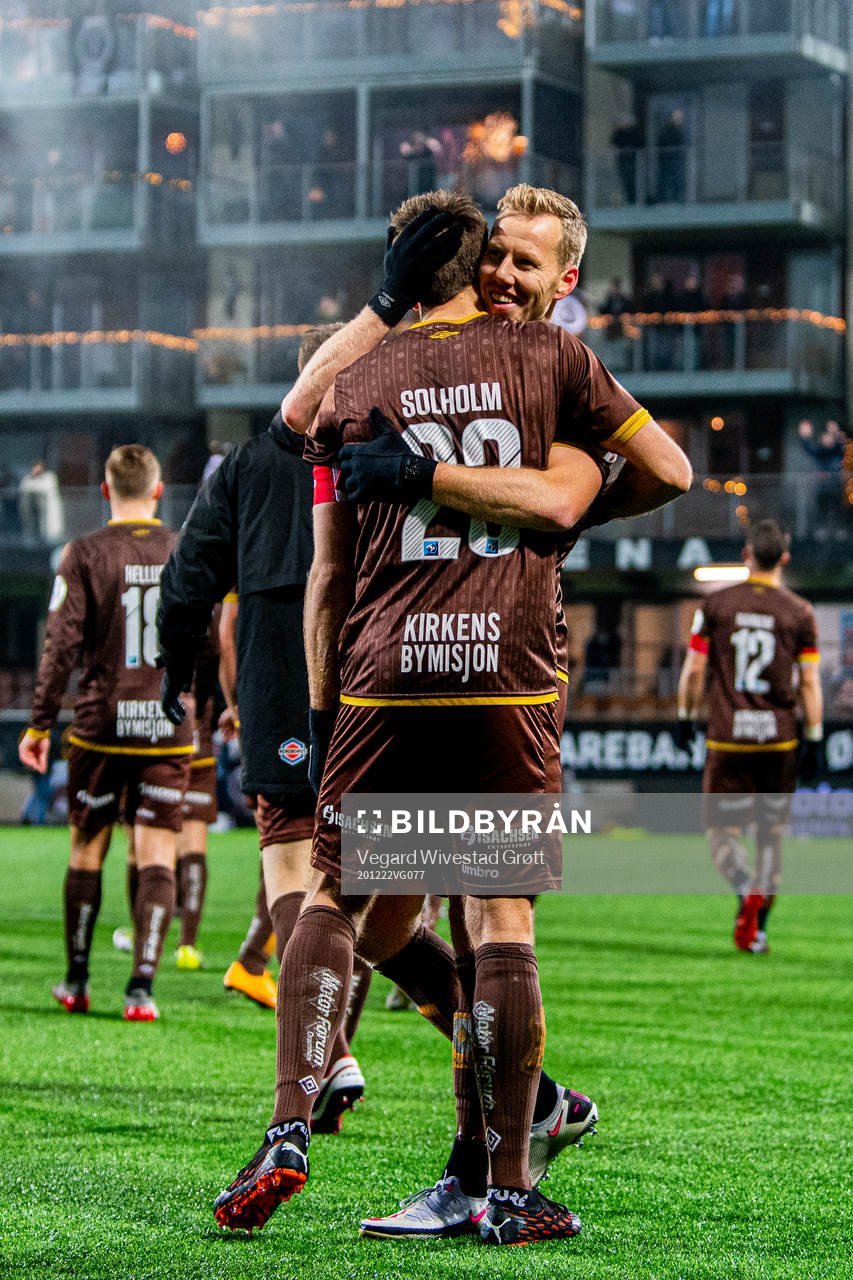 Sondre Johansen and Joackim Solberg of Mjøndalen celebrate