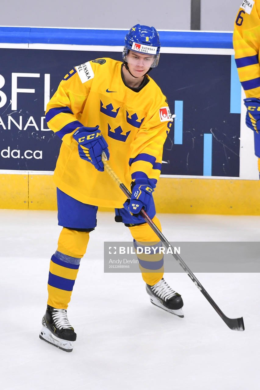 Albert Johansson of Sweden passes the puck