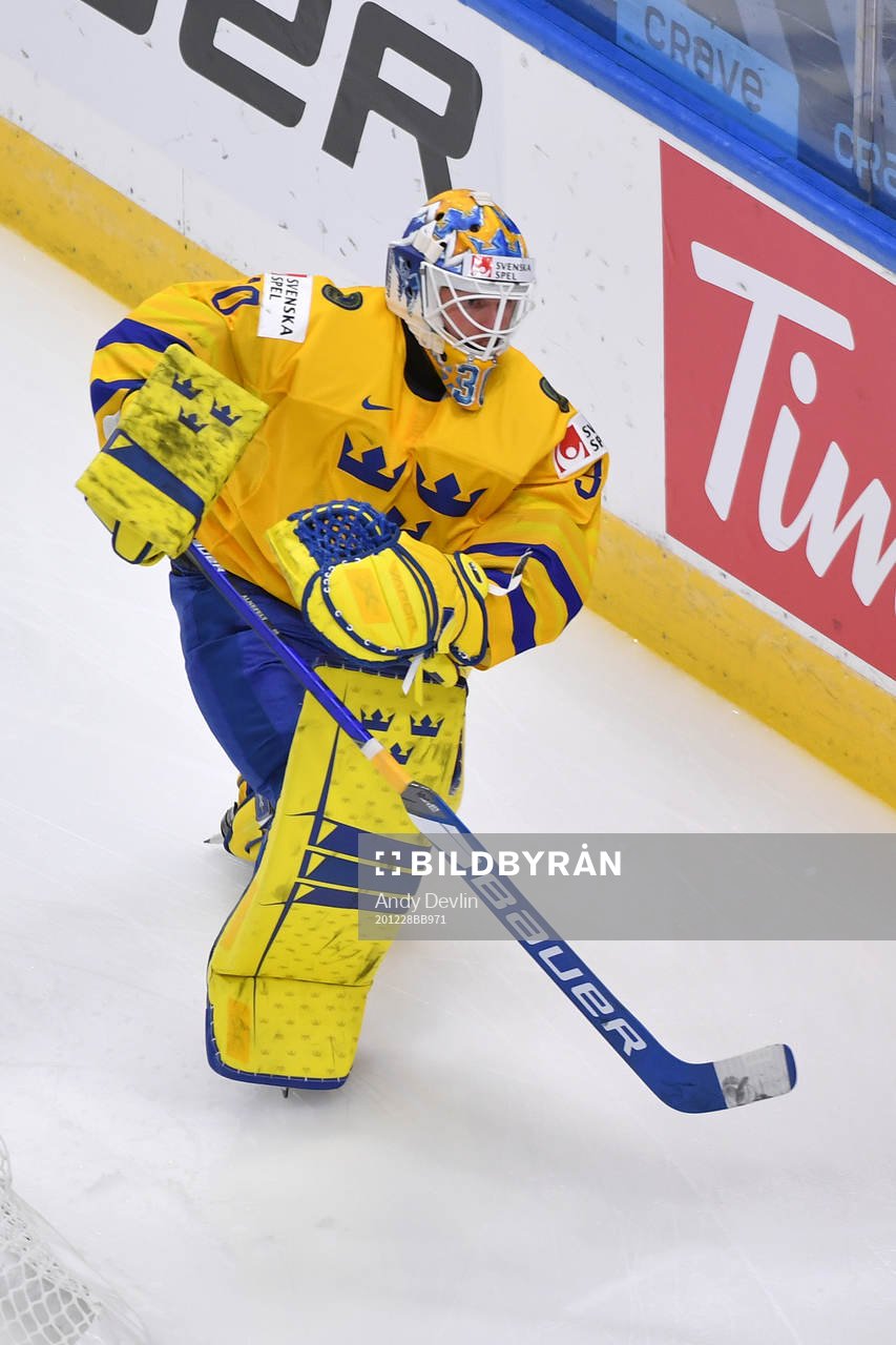 Hugo Alnefelt of Sweden clears the puck around the boards