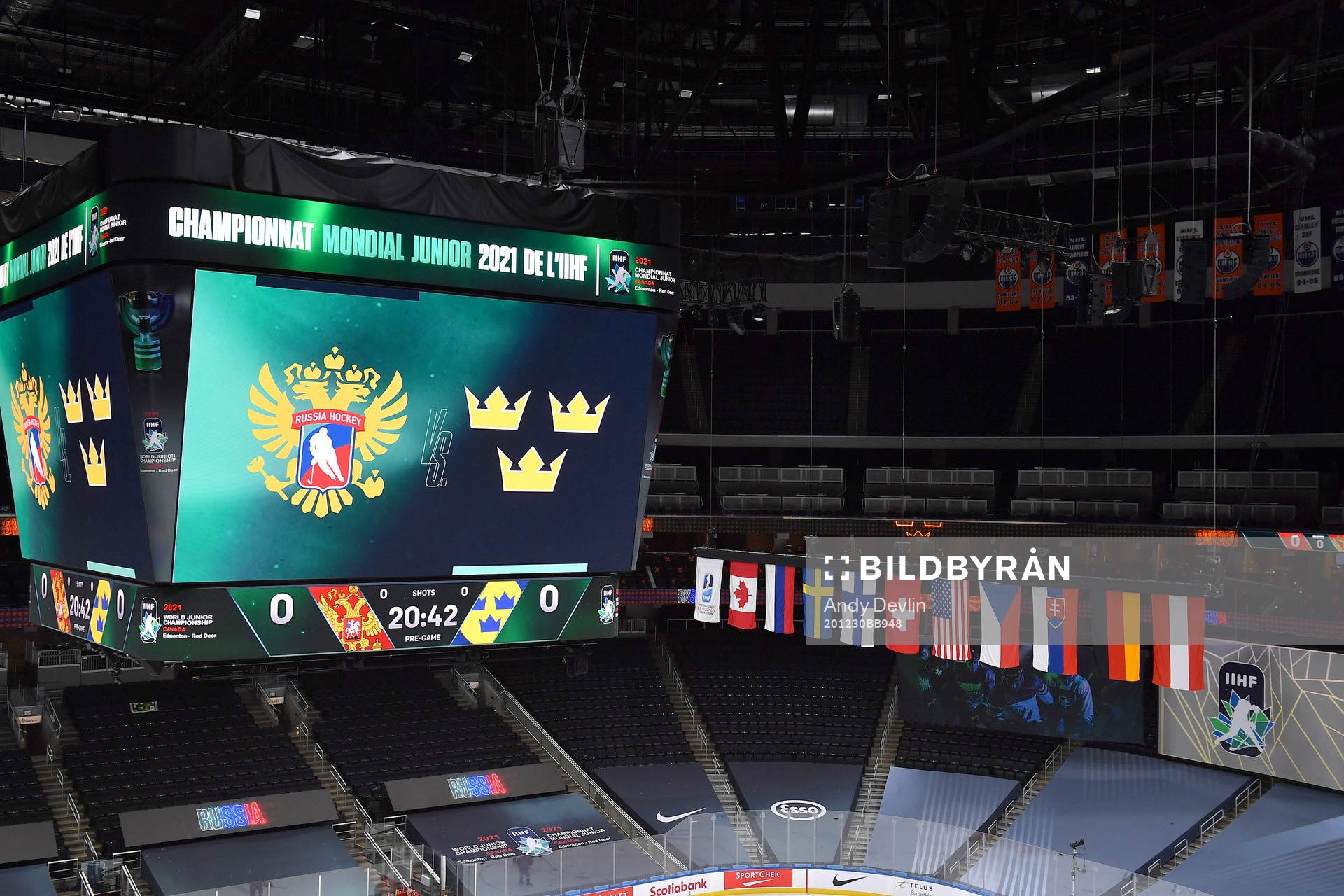 The score clock at Rogers Place displays both team's logos