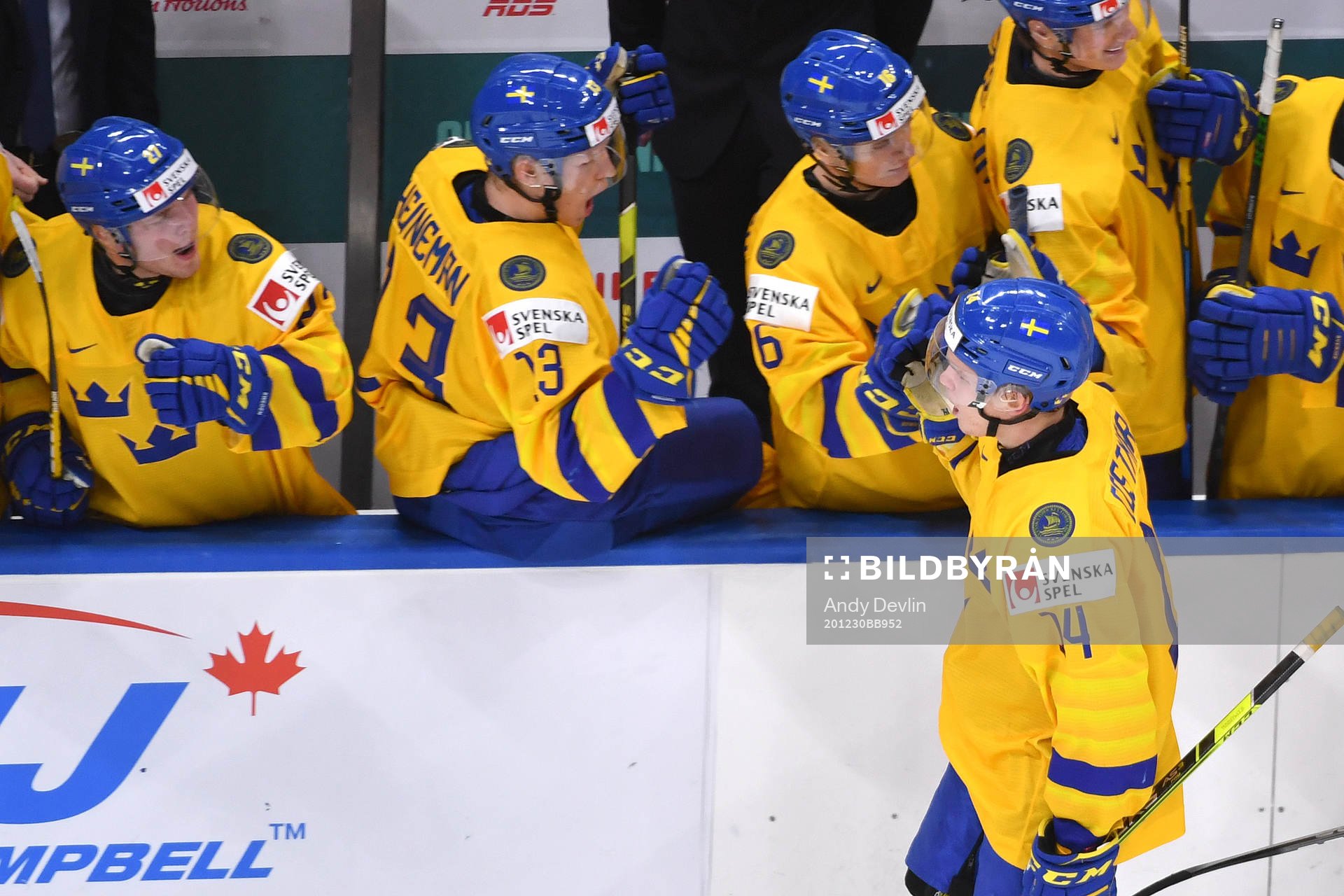 Arvid Costmar of Sweden celebrates his first period goal