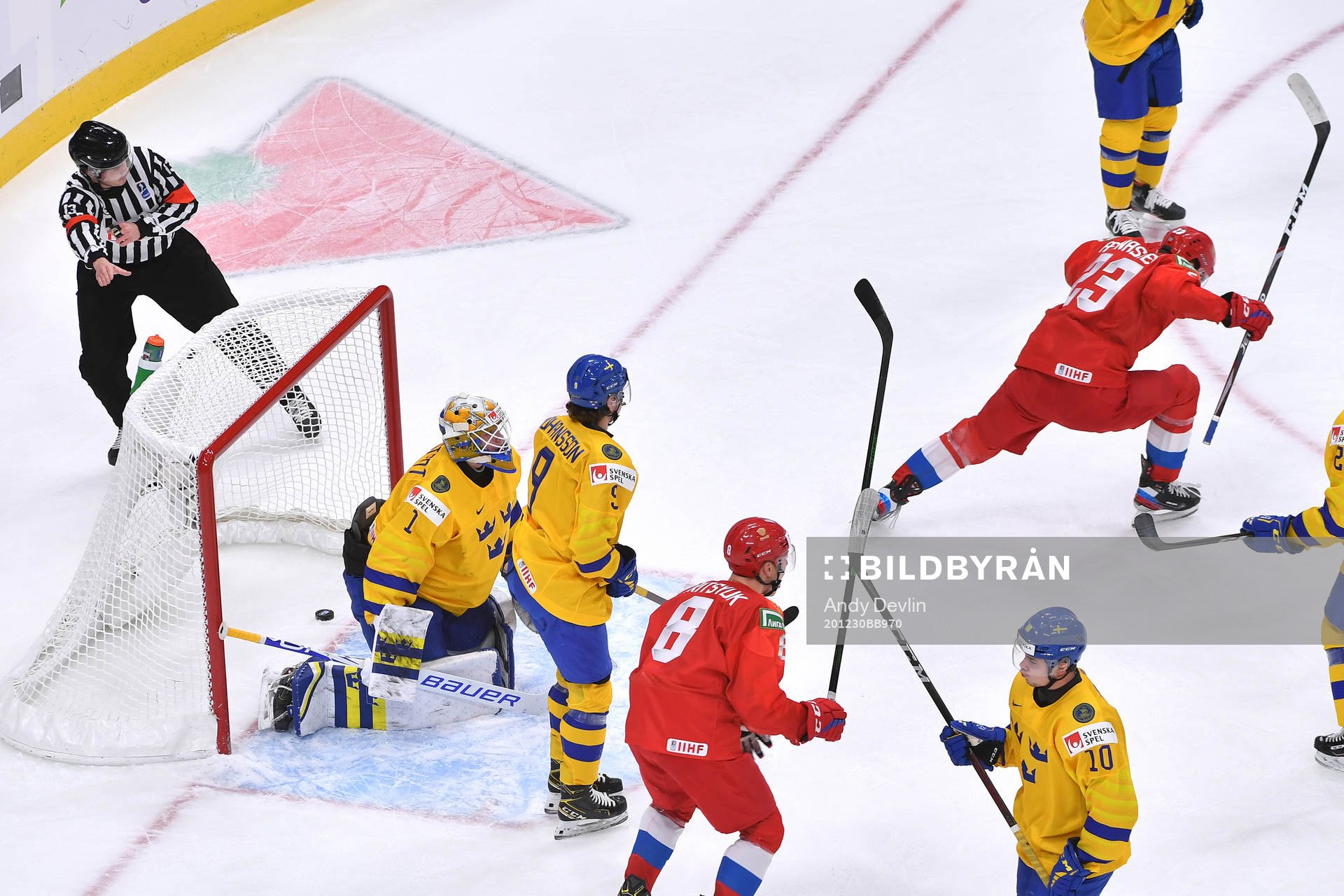 Yegor Afanasiev of Russia celebrates a first period goal