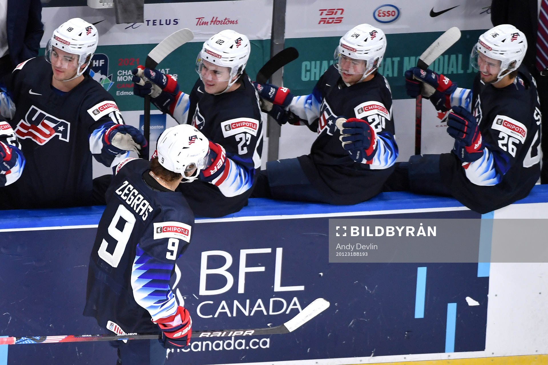 Trevor Zegras of USA celebrates the 2-0 goal with teammates