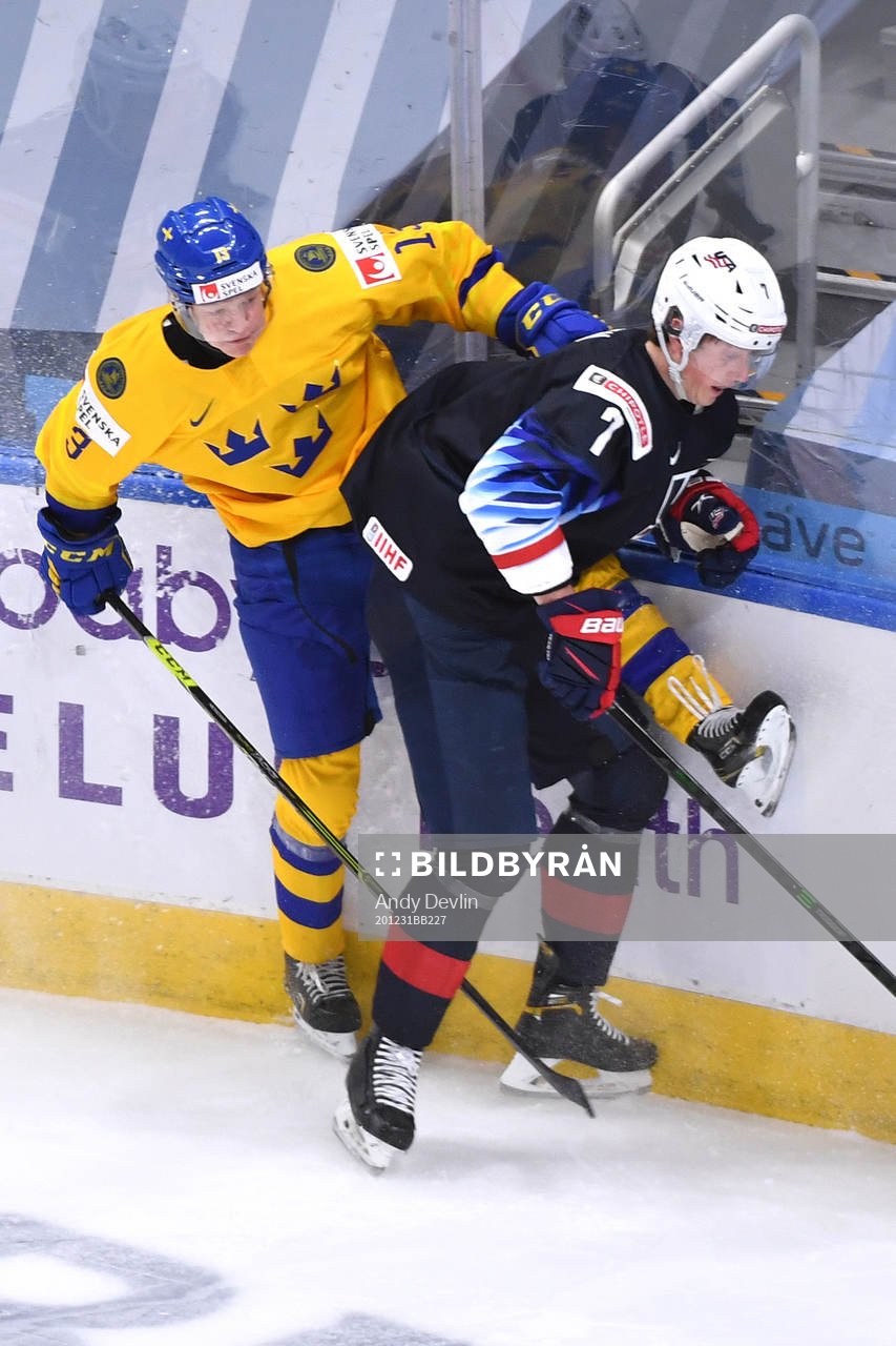 Emil Heineman of Sweden collides with Tyler Kleven of USA