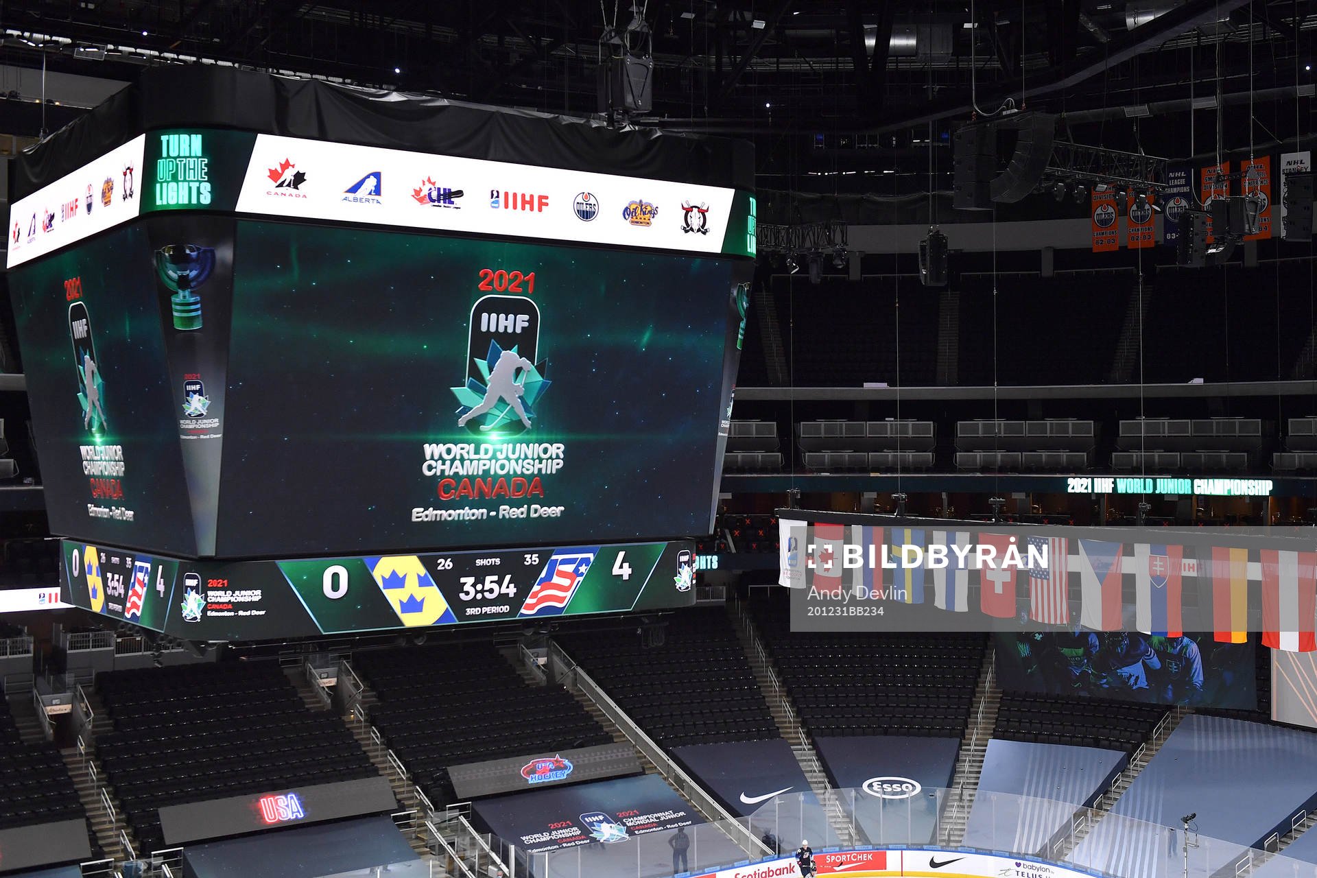 The score clock at Rogers Place displays the event logo